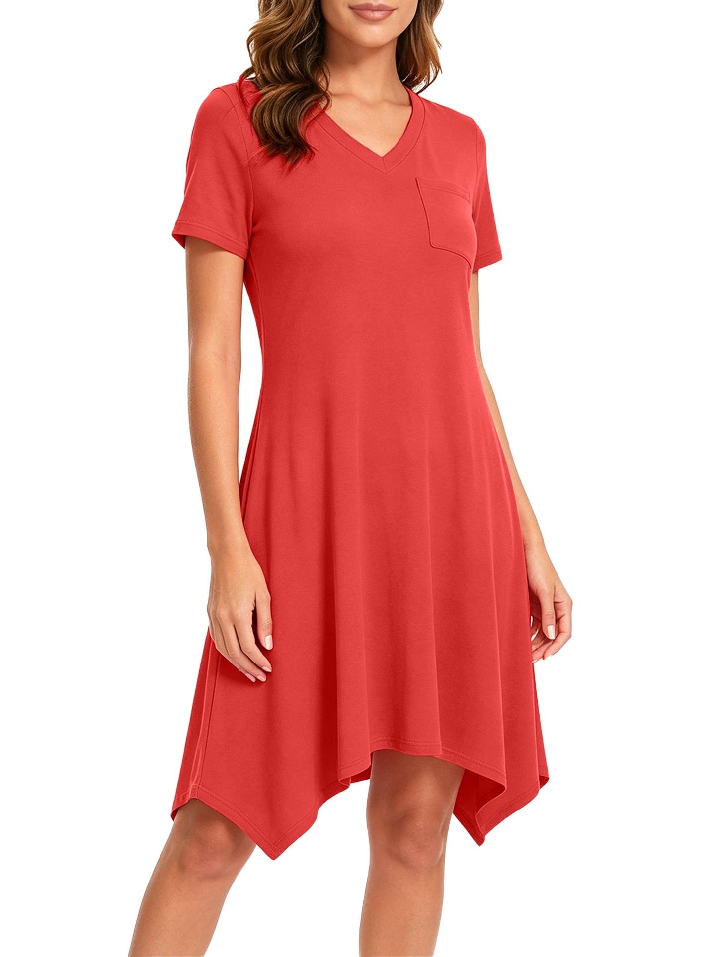 MecTo Women's Nightgown with Pockets, Soft V-Neck Short Sleeve Sleep Dress, Irregular Hem Stretchy Lounge Sleepwear Casual Nightshirt Beach Cover Up for Women