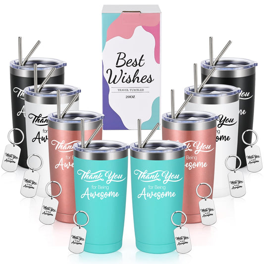 Gingprous Thank You for Being Awesome , 20oz Insulated Stainless Steel Travel Tumbler Sets with Lid and Straw，Appreciation Gifts for Women Men with Keychain (Multicolor, 8 Pcs)