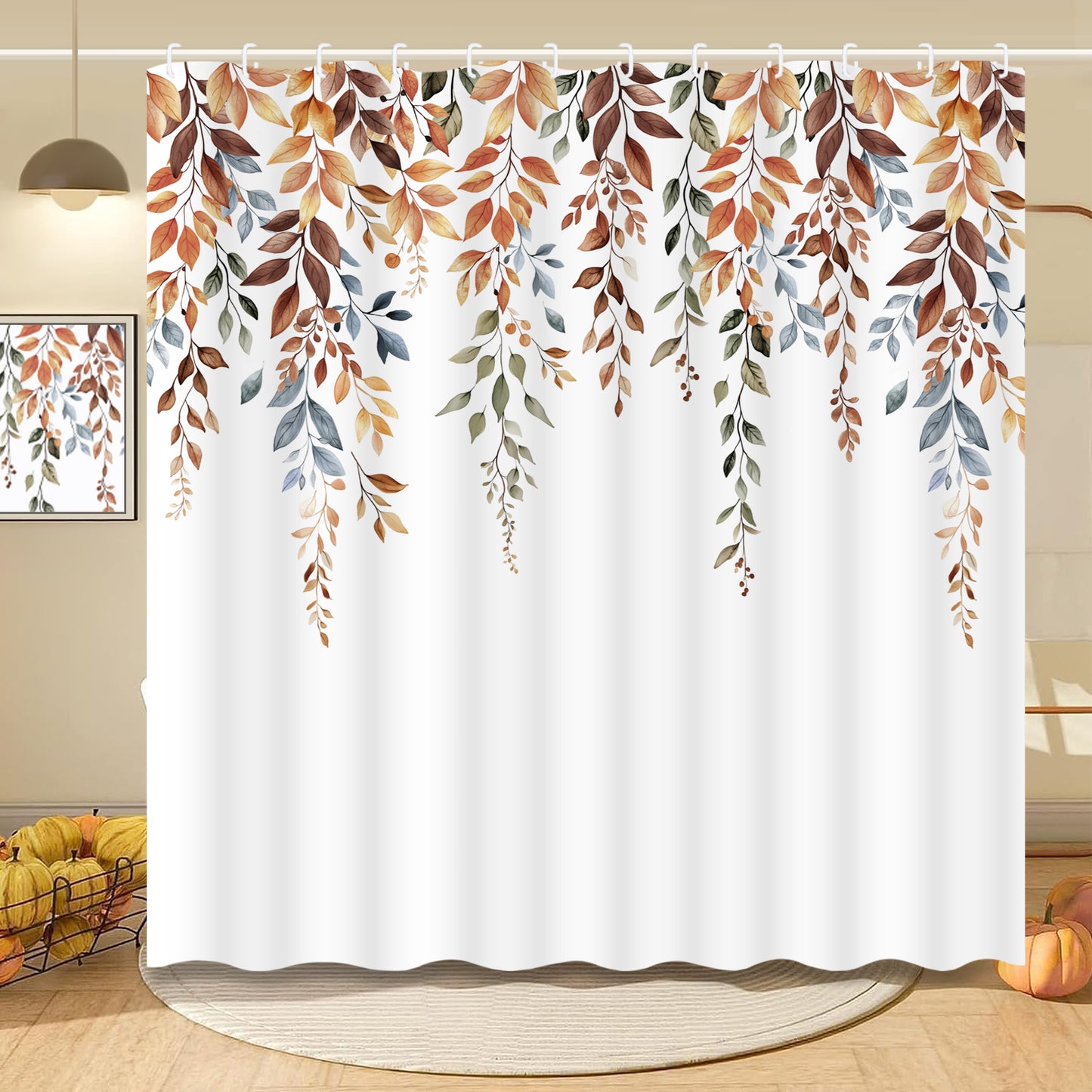 FRAMICS 16-Piece Fall Eucalyptus Shower Curtain Sets with Rugs, Watercolor Plant Leaves Bathroom Sets, Waterproof Fabric Bathroom Curtain Decor with Hooks