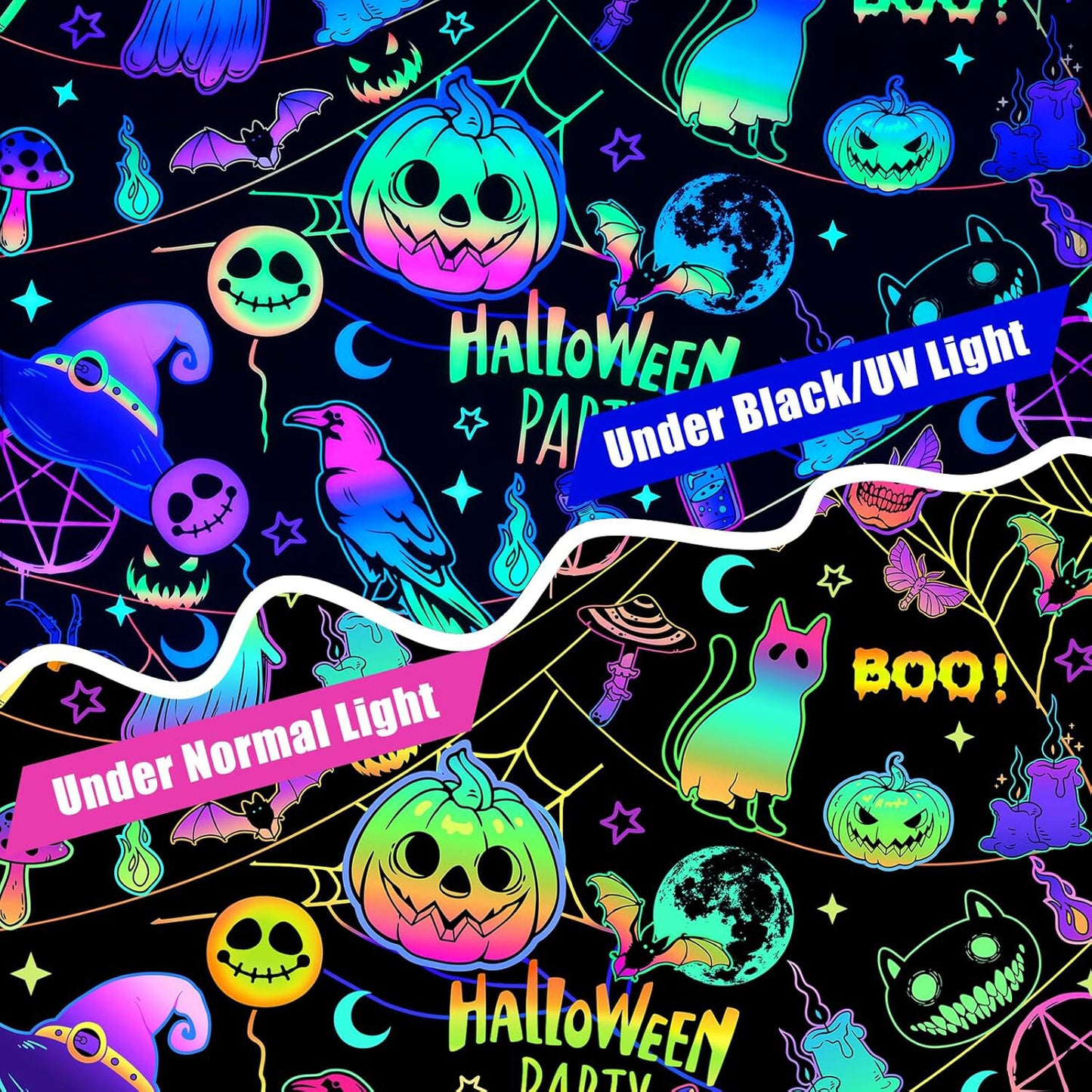 FRAMICS Halloween Blacklight Shower Curtain Sets with Rugs, 16 Pc Colorful Pumpkin Ghost Bathroom Sets, Waterproof Fabric Bathroom Curtain Decor with Hooks