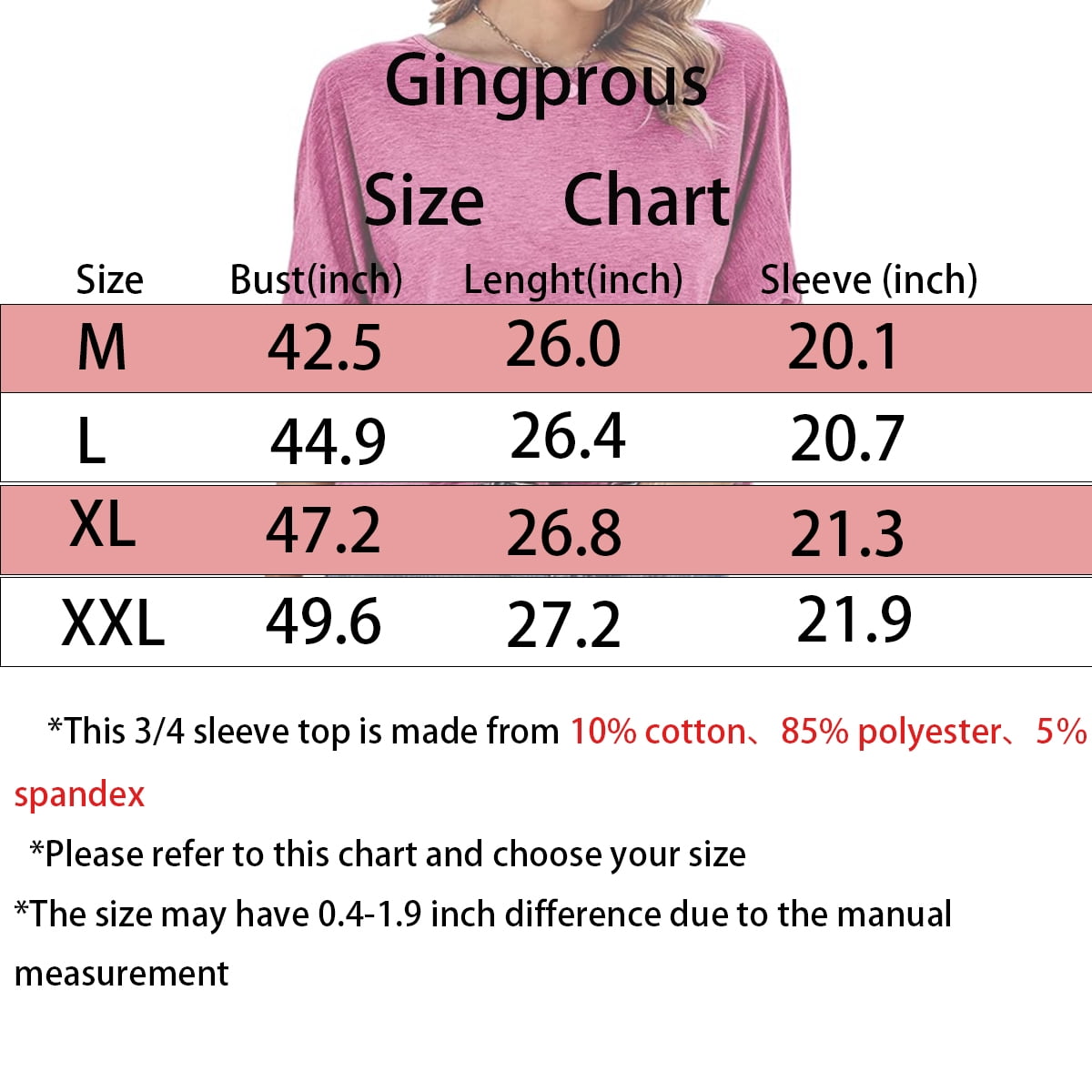 Gingprous 3/4 Sleeve Blouse for Women Smocked Cuffs Tee Tops Loose Casual Tee Shirt