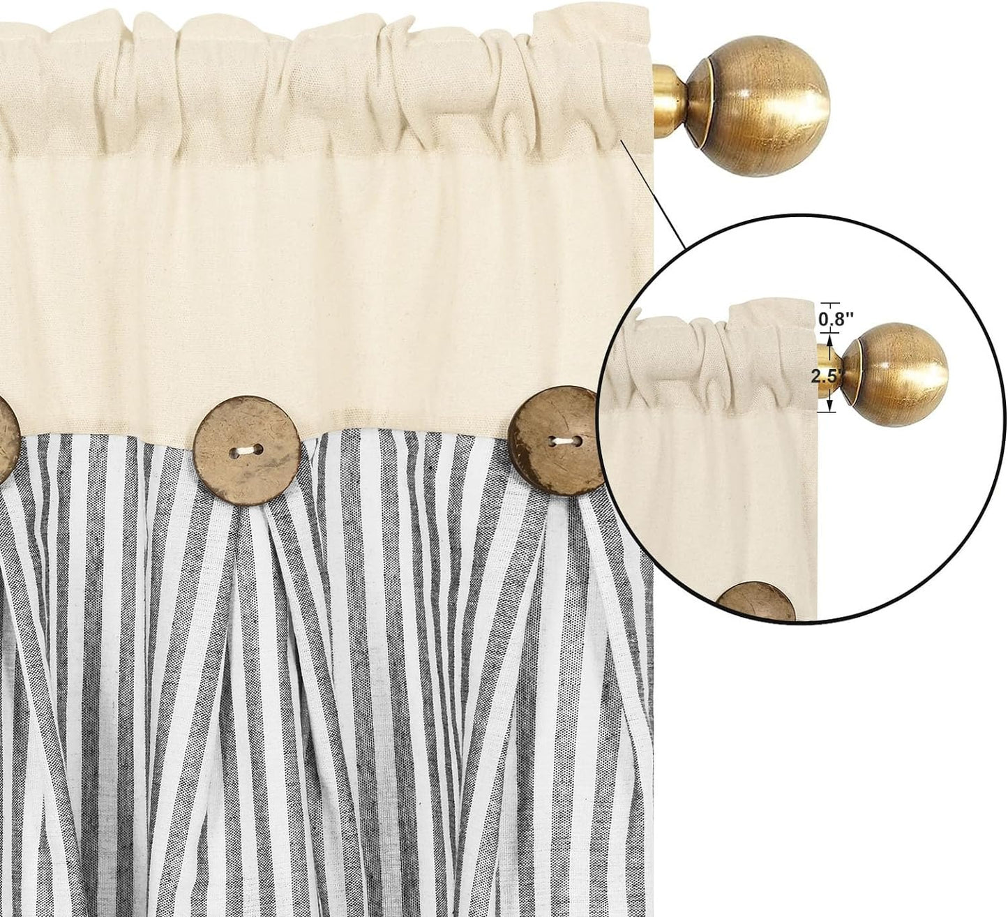 Alishomtll Stripe Kitchen Curtains 8 Button Linen Cotton Window Curtains Sets 36 Inches Long ,Rod Pocket