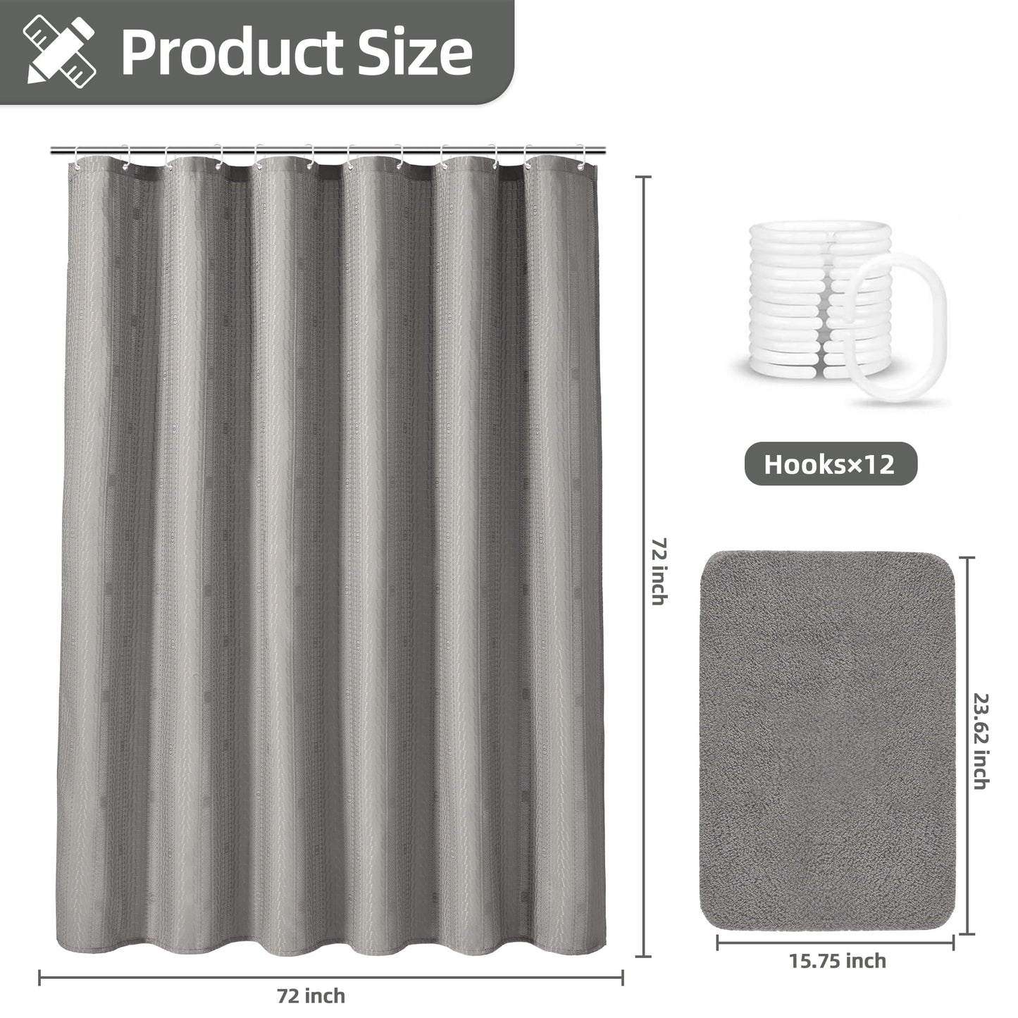 FRAMICS Waffle Shower Curtain Sets with Rug and Hooks, 14-Piece Thick Weighted Fabric Bathroom Sets, Wrinkle and Mildew-Resistant, Gray