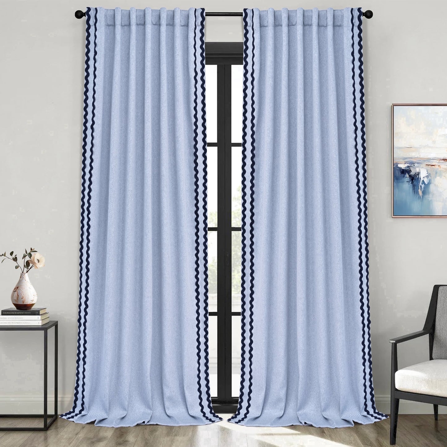 Alishomtll Blue Scalloped Rod Pocket Back Tab Blackout Curtains Set of 2,52"x 84",Thick Linen