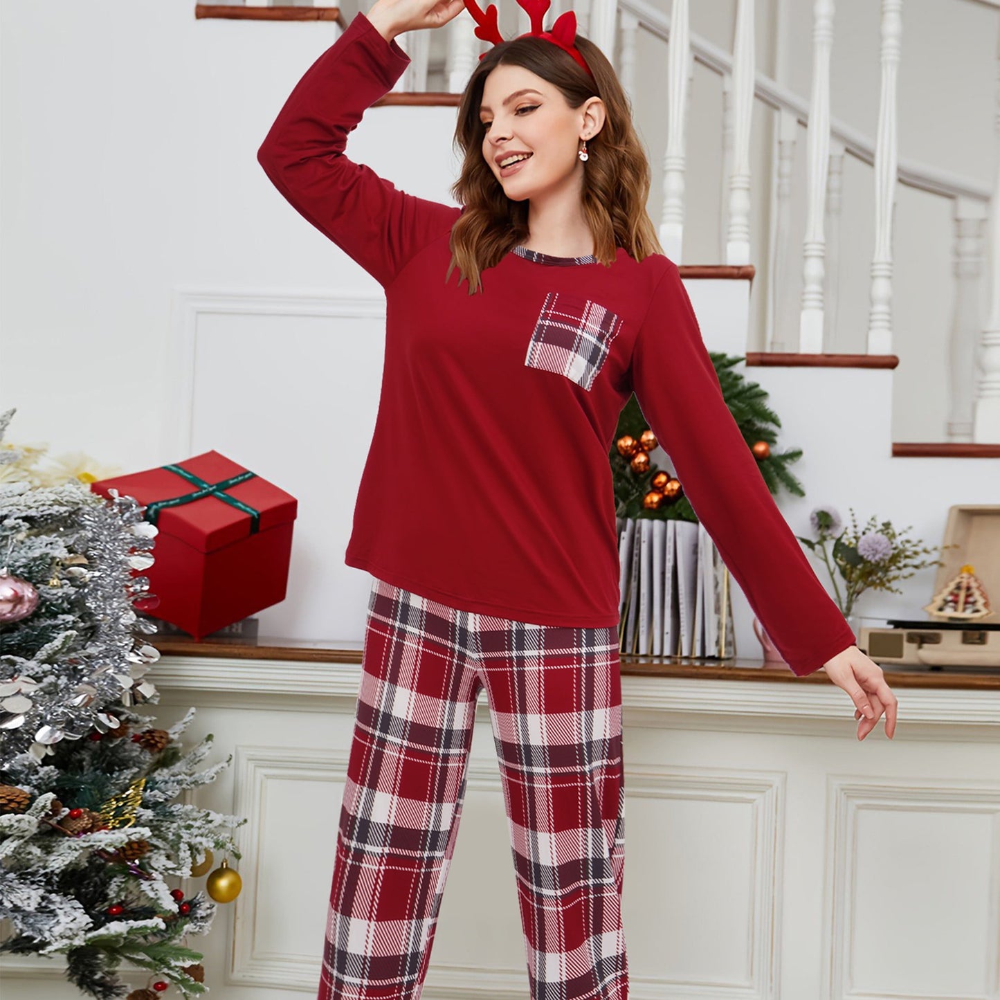 MecTo Women Christmas Pajamas Sets Cotton Pj Set Long Sleeve Top with Long Pants Sleepwear 2 Piece Lounge Set M