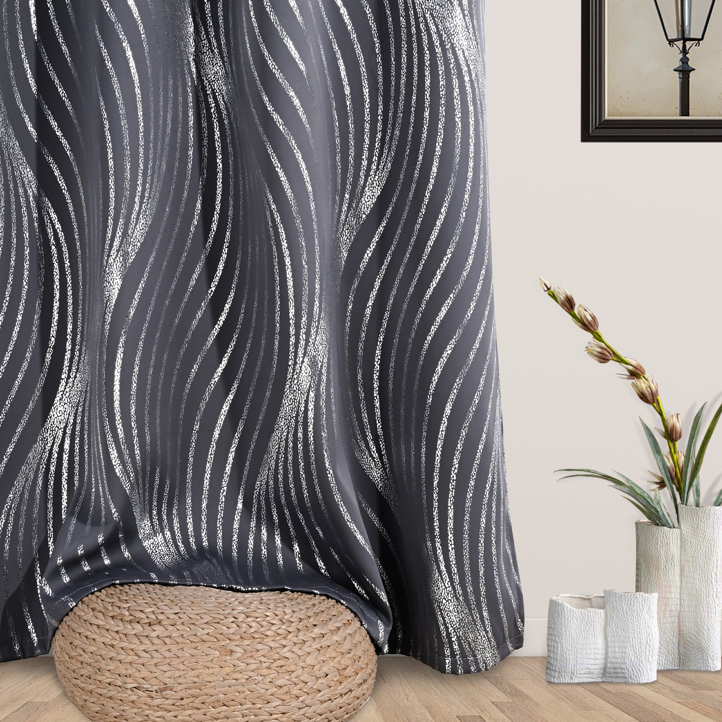 Alishomtll Dark Gray Blackout Curtains for Living Room ,Modern Metallic Silver Wave Pattern Bedroom Thermal Insulated Drapes ,2 Panel Set,52"x84"