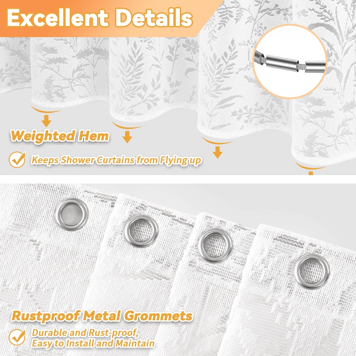 FRAMICS Vintage Lace Shower Curtain Sets with Rug and Hooks, Waterproof Fabric Semi Sheer Leaf Floral Bathroom Sets, Mold Resistant, White
