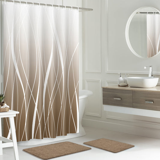 FRAMICS 15-Piece Ombre Brown Bathroom Sets with Shower Curtain and Rugs, Waterproof Fabric Striped Gradient Shower Curtain Sets, 72" x 72"