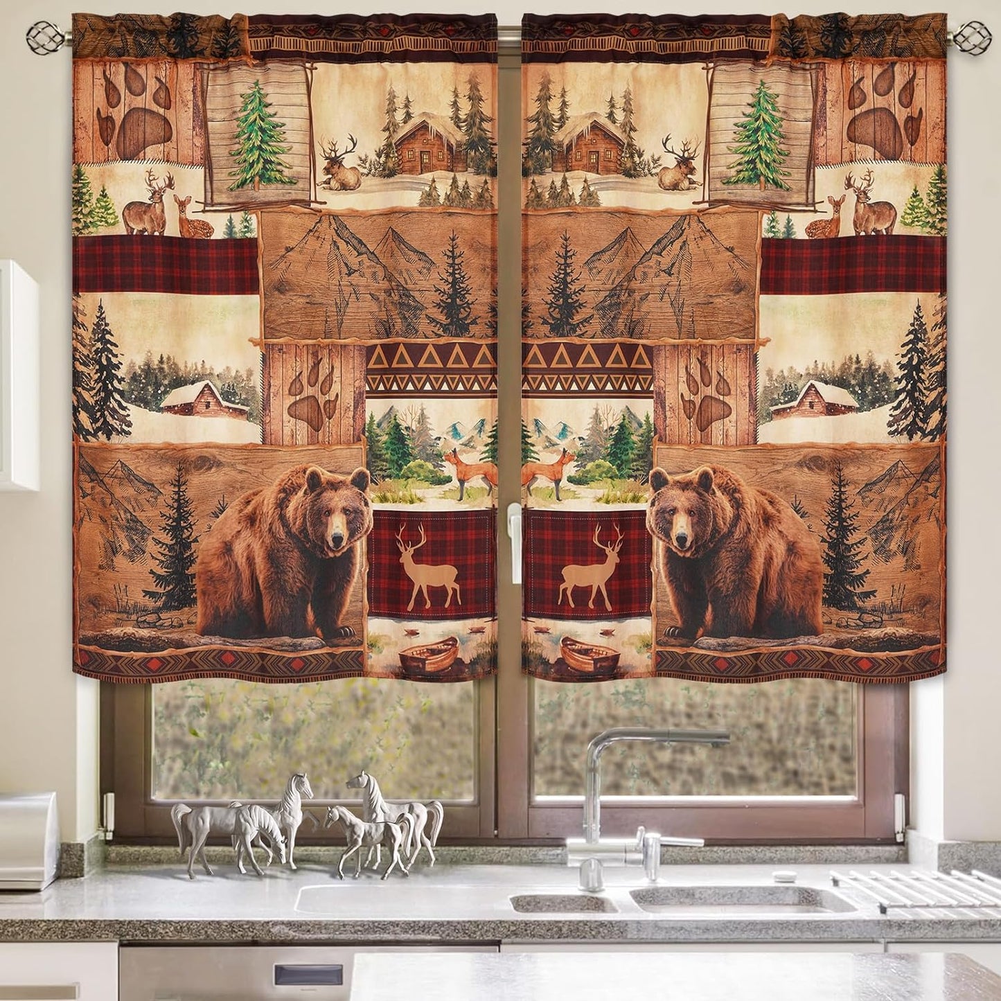 Alishomtll Kitchen Curtains Farmhouse Rustic Country Bear Moose Deer Window Tiers Curtain 36 Inches,Rod Pocket