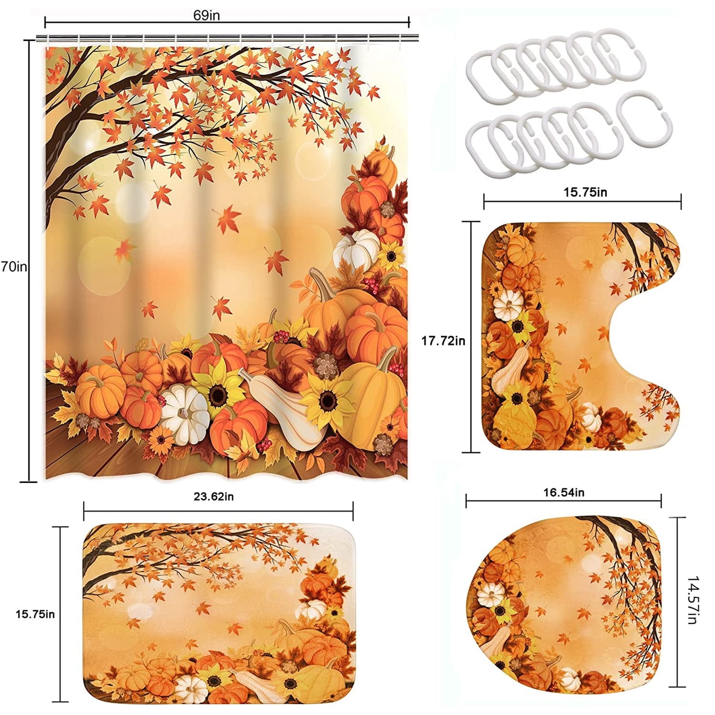 FRAMICS 16-Piece Fall Shower Curtain Sets with Rugs, Maple Leaves Pumpkin Bathroom Sets, Waterproof Fabric Bathroom Curtain Decor with Hooks