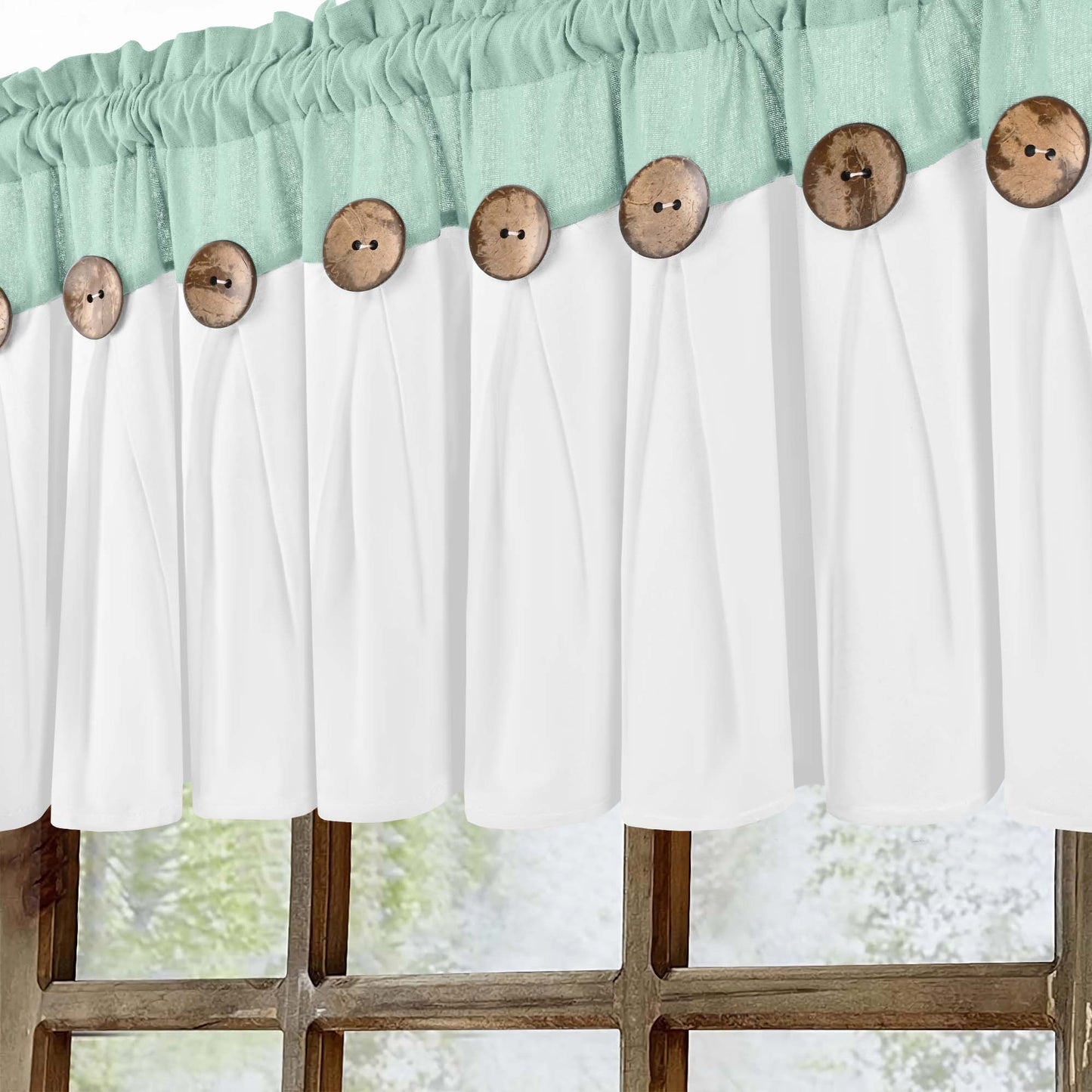 Alishomtll Linen Valance Farmhouse Boho Button Kitchen Curtains ,Rod Pocket,18"L x 52"W, Teal White