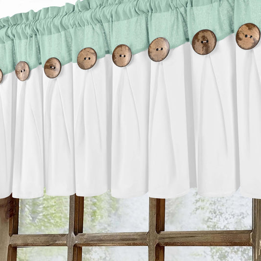 Alishomtll Linen Valance Farmhouse Boho Button Kitchen Curtains ,Rod Pocket,18"L x 52"W, Teal White