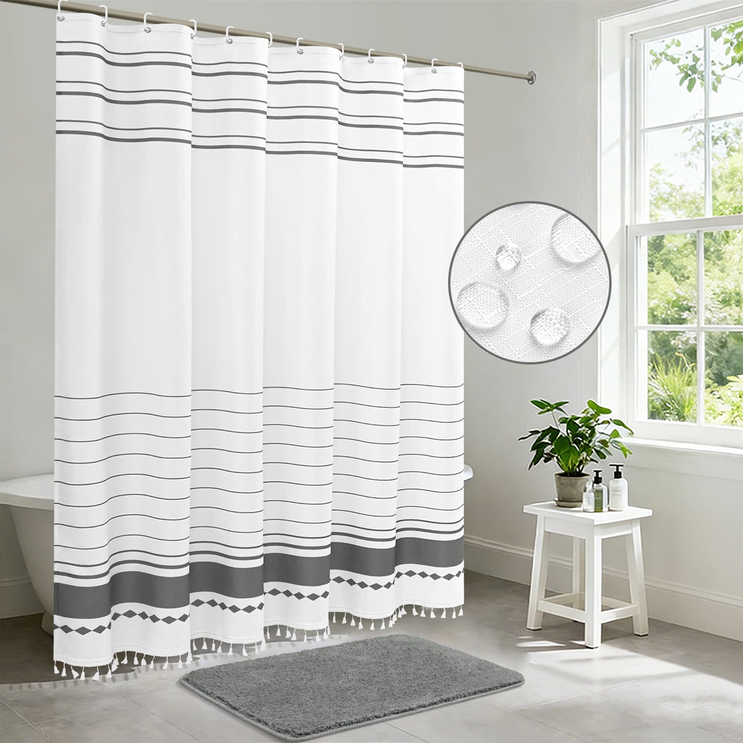 FRAMICS Striped Tassel Shower Curtain Sets with Bath Rug, Boho Farmhouse Water-Repellent Fabric Bathroom Sets with Hooks, Slub Textured Design, 72" x 72", Gray