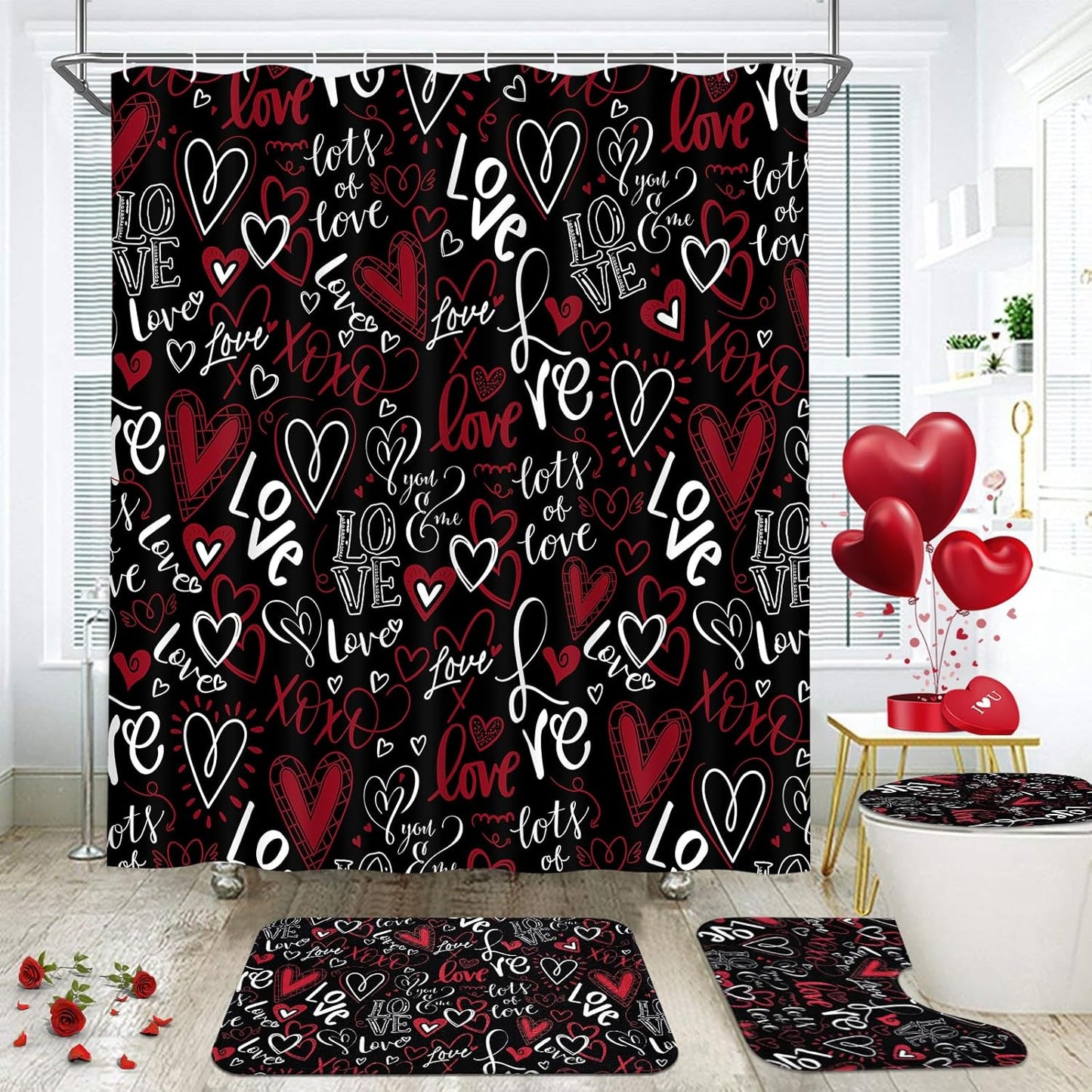 FRAMICS Valentine's Day Shower Curtain Sets with Rugs, 16 Pc Love Heart Bathroom Sets, Waterproof Fabric Vintage Bathroom Curtain Decor with Hooks