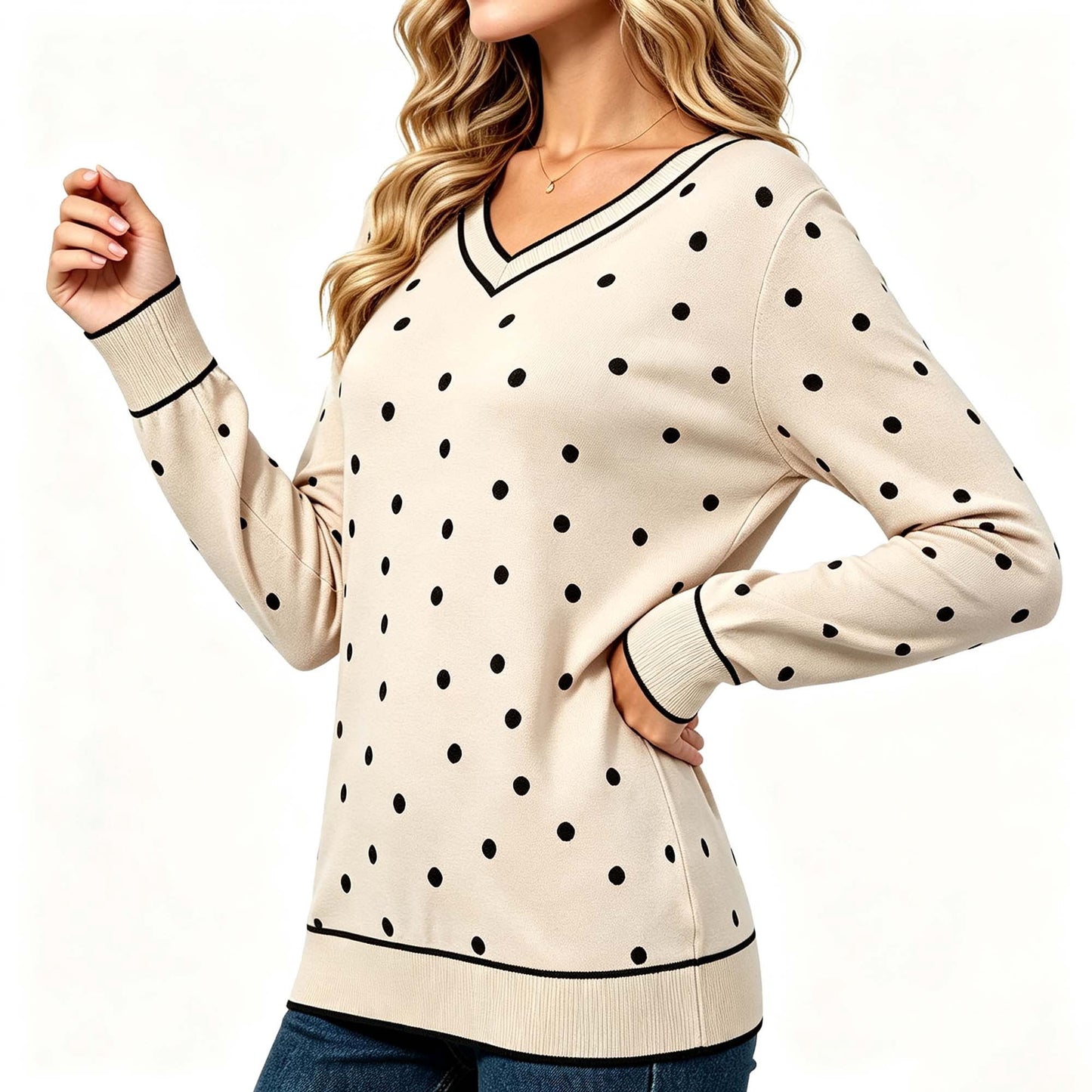 MecTo Women's Knit Top, V Neck Polka Dot Lightweight Sweater Long Sleeve Pullover for Fall Layering, Beige M