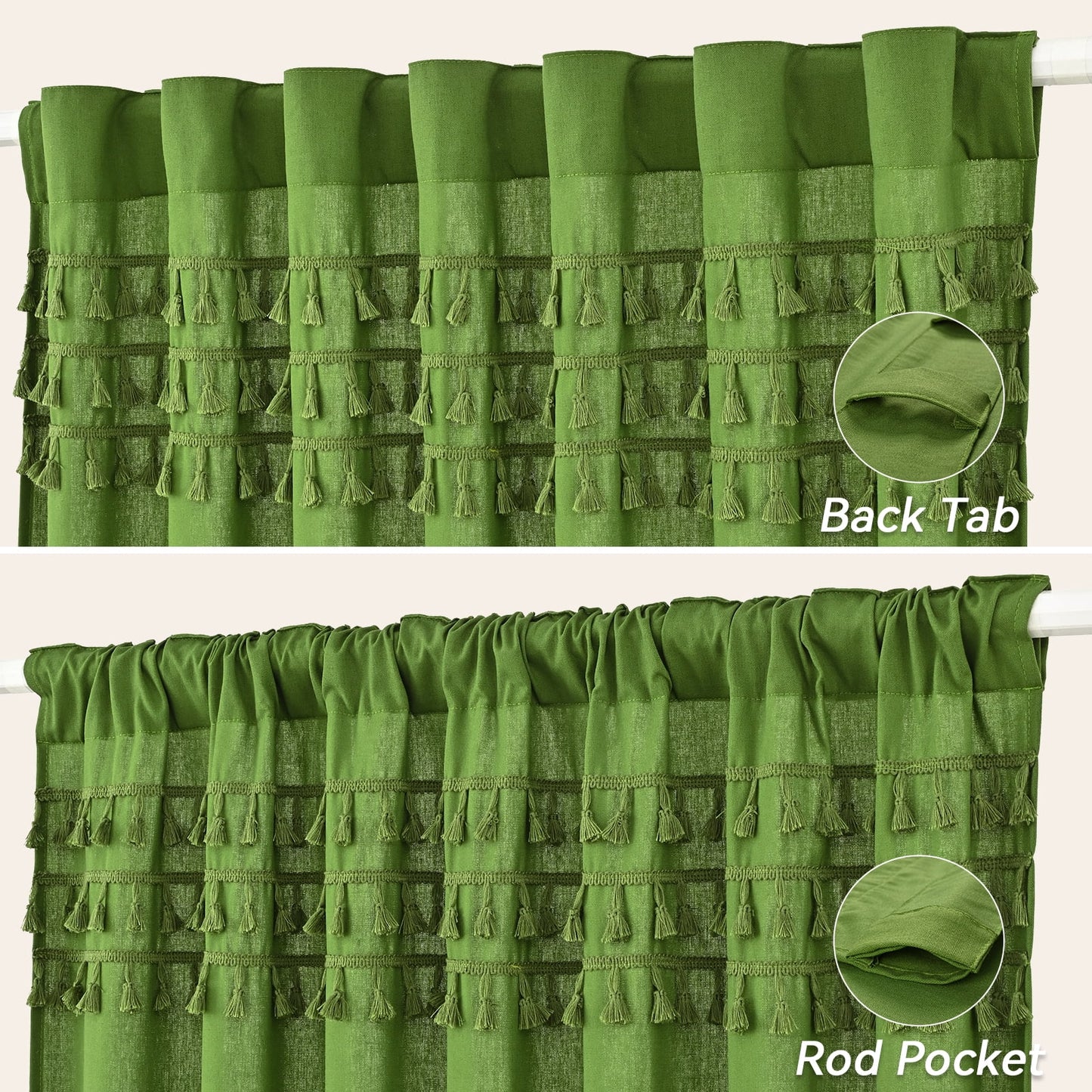 Alishomtll Boho Curtains for Living Room Semi Blackout Curtains with 8 Tassel Window Drapes Back Tab ,Green，52"Wx63"L，2 Panels