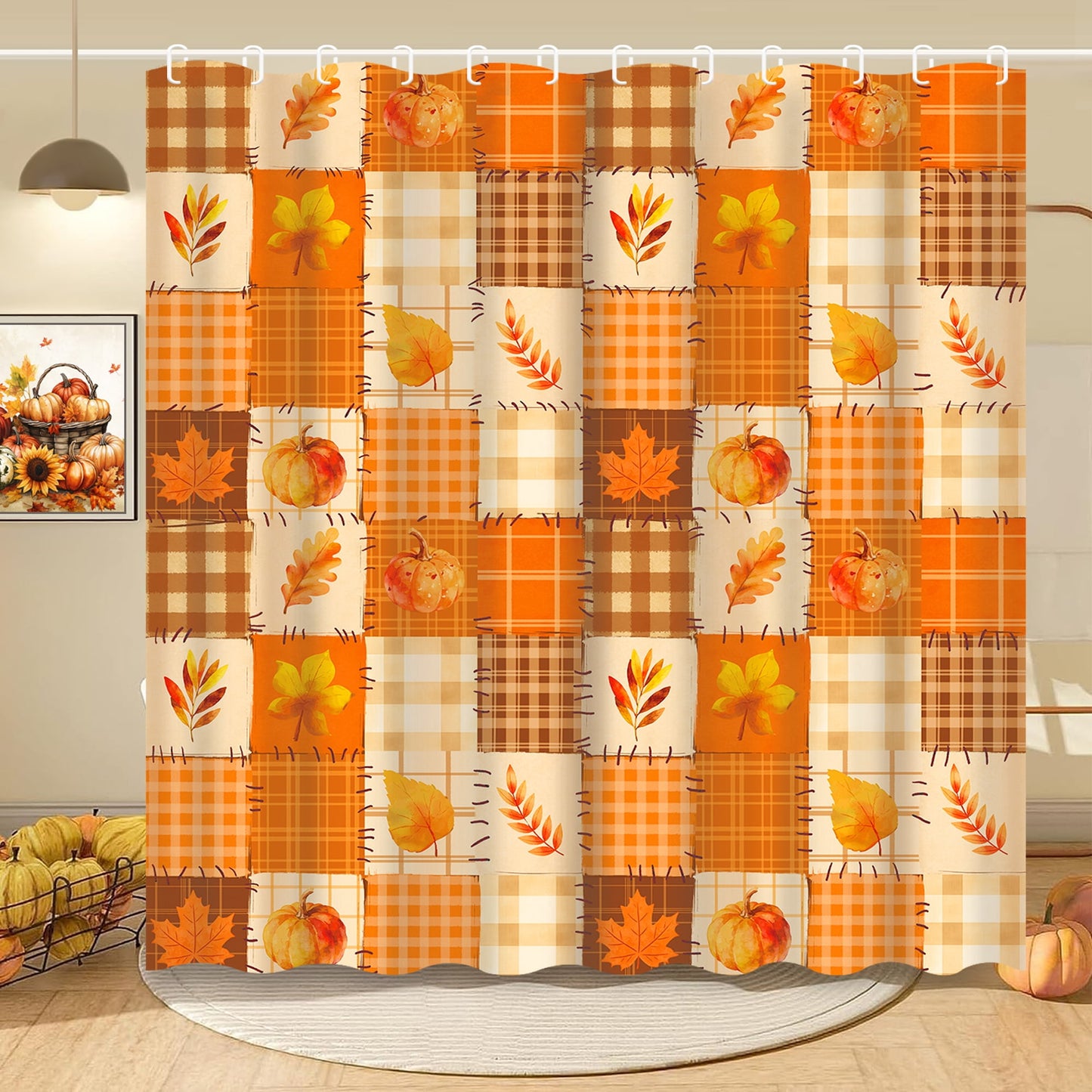 FRAMICS Fall Pumpkin Shower Curtain Sets with Non-Slip Rugs and Hooks, 16-Piece Thanksgiving Leaves Plaid Bathroom Sets, Waterproof Fabric Orange Bathroom Decor Set