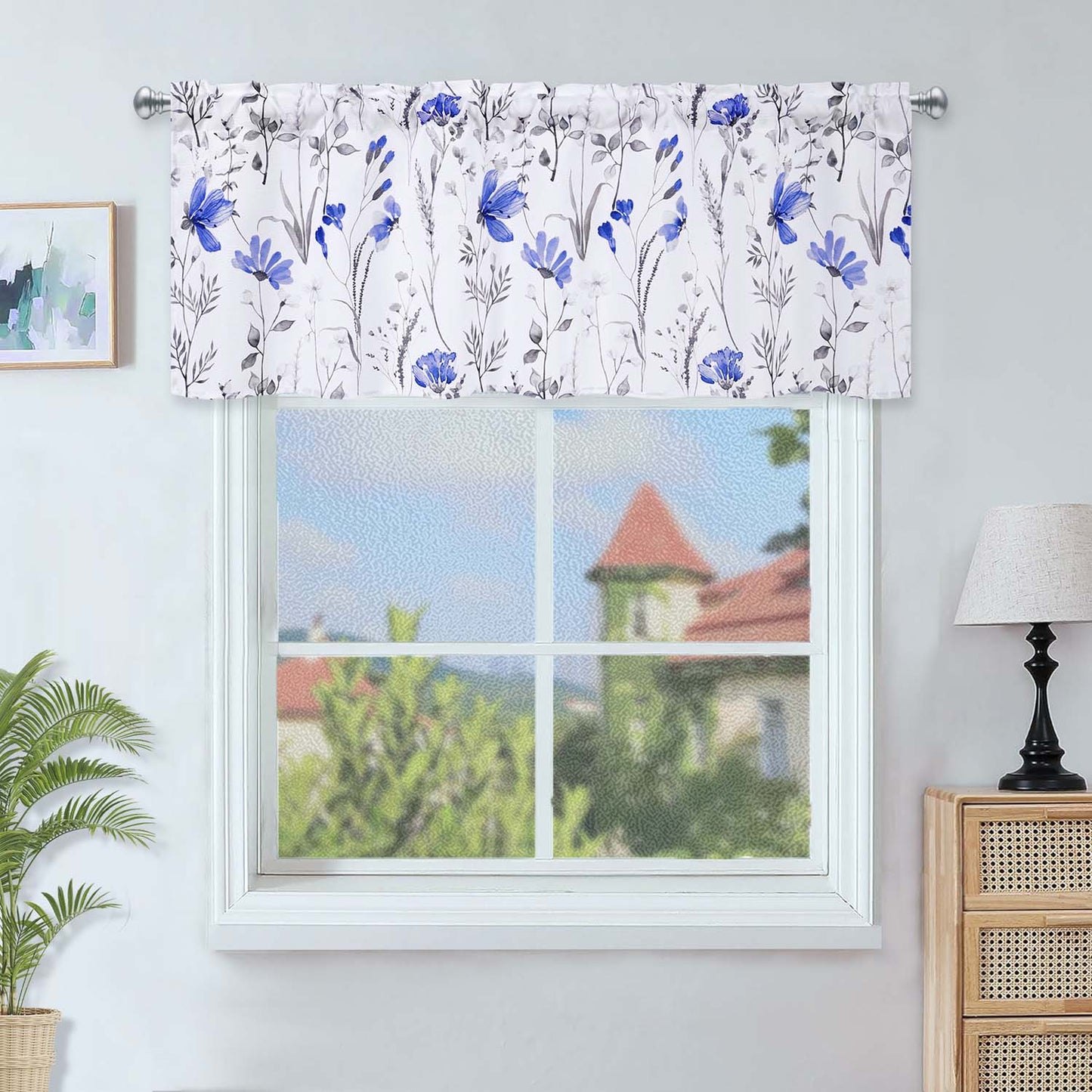 Alishomtll Valance Curtains Blue Flower Floral Print Valances for Windows Rod Pocket,52W" x 18L"