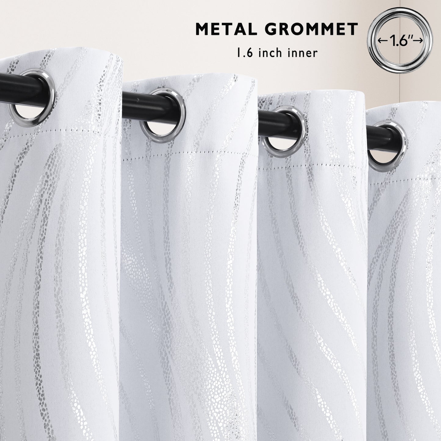 Alishomtll White Blackout Curtains for Living Room ,Modern Metallic Silver Wave Pattern Bedroom Thermal Insulated Drapes ,2 Panel Set,52"x63"