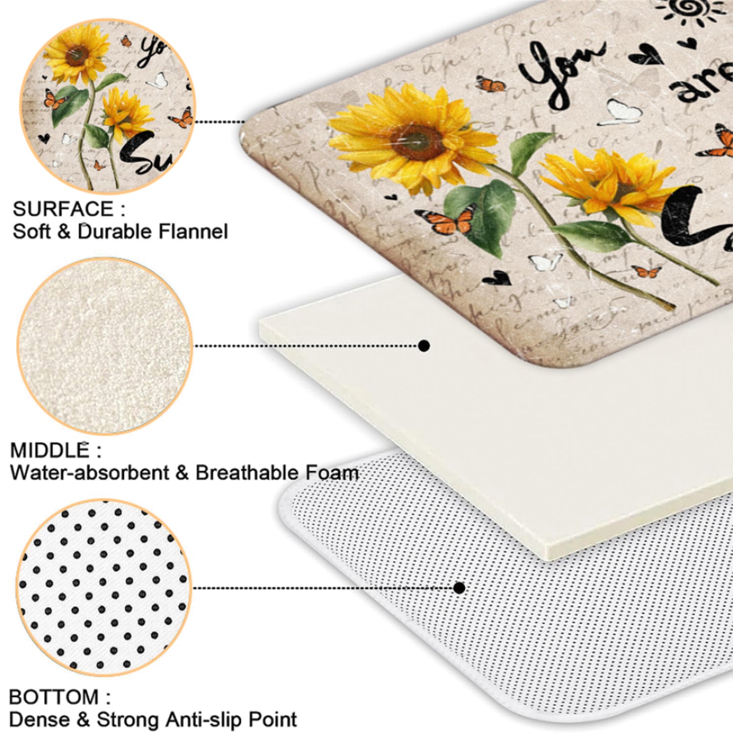 FRAMICS Beige Sunflower Shower Curtain and Rug Sets, 16 Pc You are My Sunshine Bathroom Sets, Waterproof Fabric Shower Curtain with 12 Hooks and Toilet Rugs