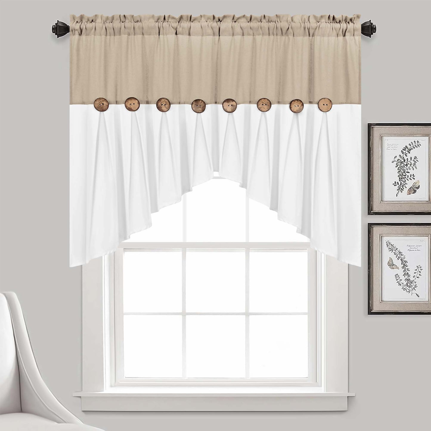 Alishomtll Linen Valance Farmhouse Boho Button Kitchen Curtains ,Rod Pocket,36"L x 52"W, Linen White