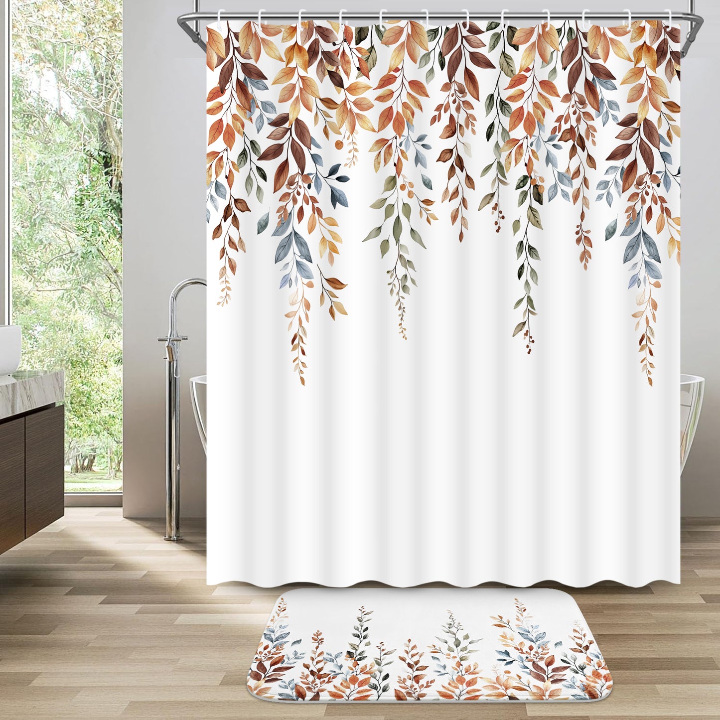 FRAMICS 16-Piece Fall Eucalyptus Shower Curtain Sets with Rugs, Watercolor Plant Leaves Bathroom Sets, Waterproof Fabric Bathroom Curtain Decor with Hooks
