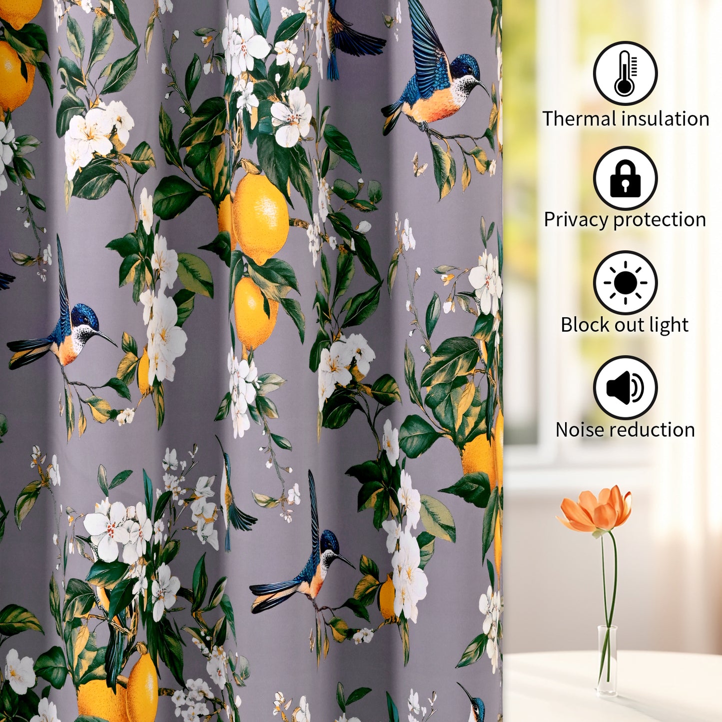Alishomtll Floral Lemon Hummingbird Blackout Curtains Room Darkening Grommet Window Drapes for Living Room , 52"x84", ,Set of 2 Panels,Grey