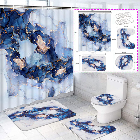 FRAMICS Navy Blue Luxury Marble Shower Curtain and Rug Sets, 16 Pc Modern Abstract Bathroom Sets, Waterproof Fabric Shower Curtain with 12 Hooks and Toilet Rugs