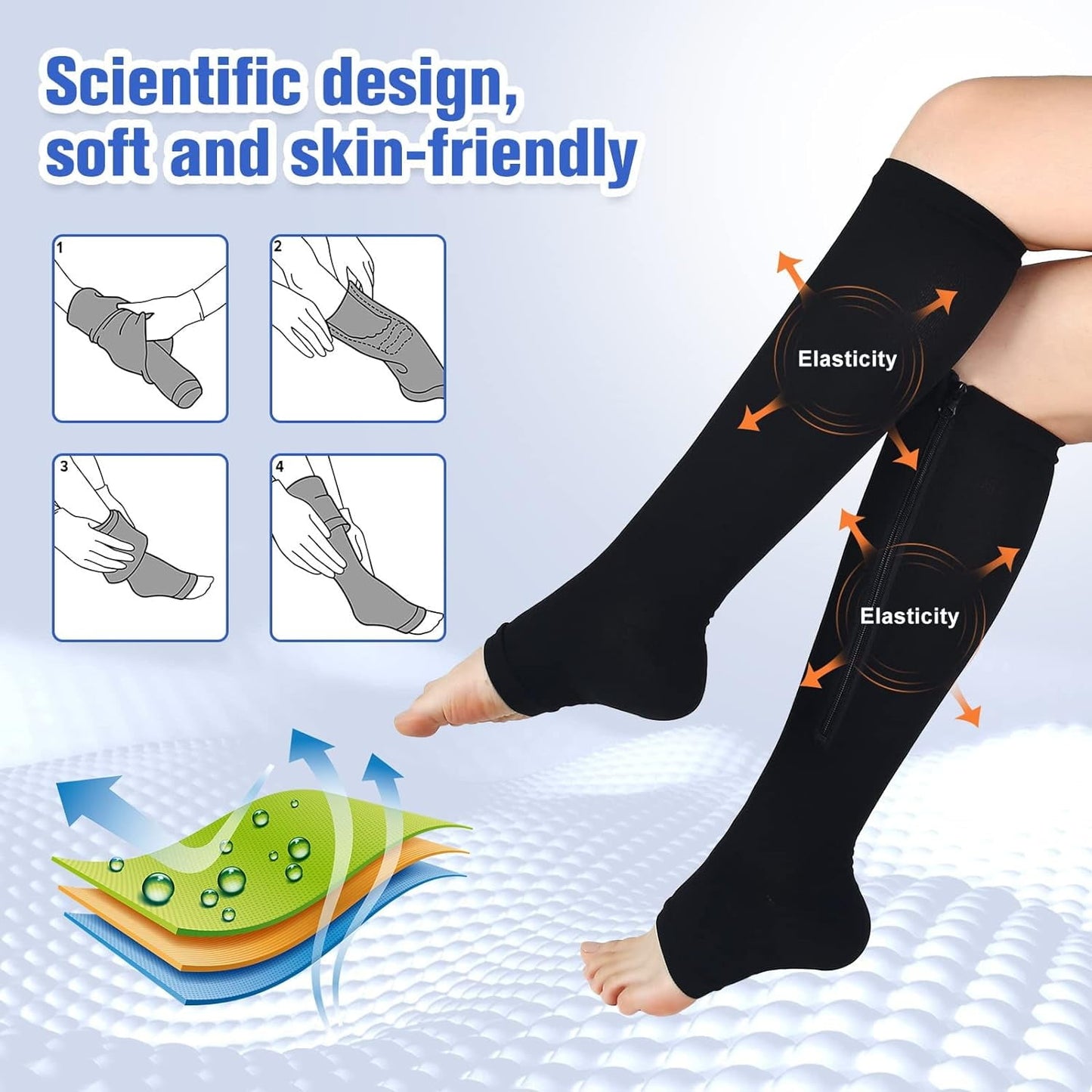 Sunm Boutique 2 Pairs Zipper Compression Socks 15-20 mmHg Open Toe Compression Stocking for Women and Men