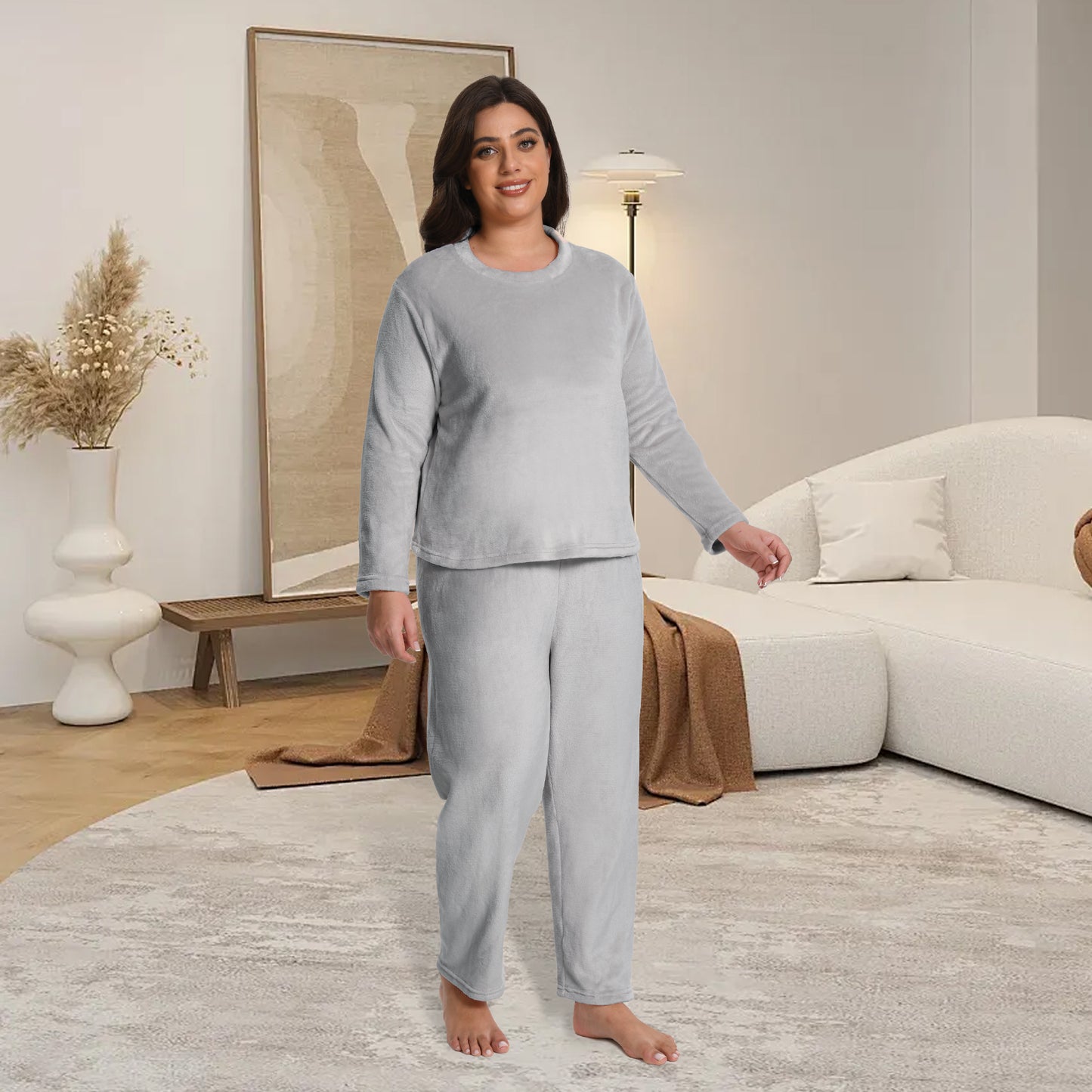 MecTo Women Plus Size Fluffy Pajamas Sets, Lady Fleece Long Sleeves PJ, Grey, 2 piece, Size 4XL