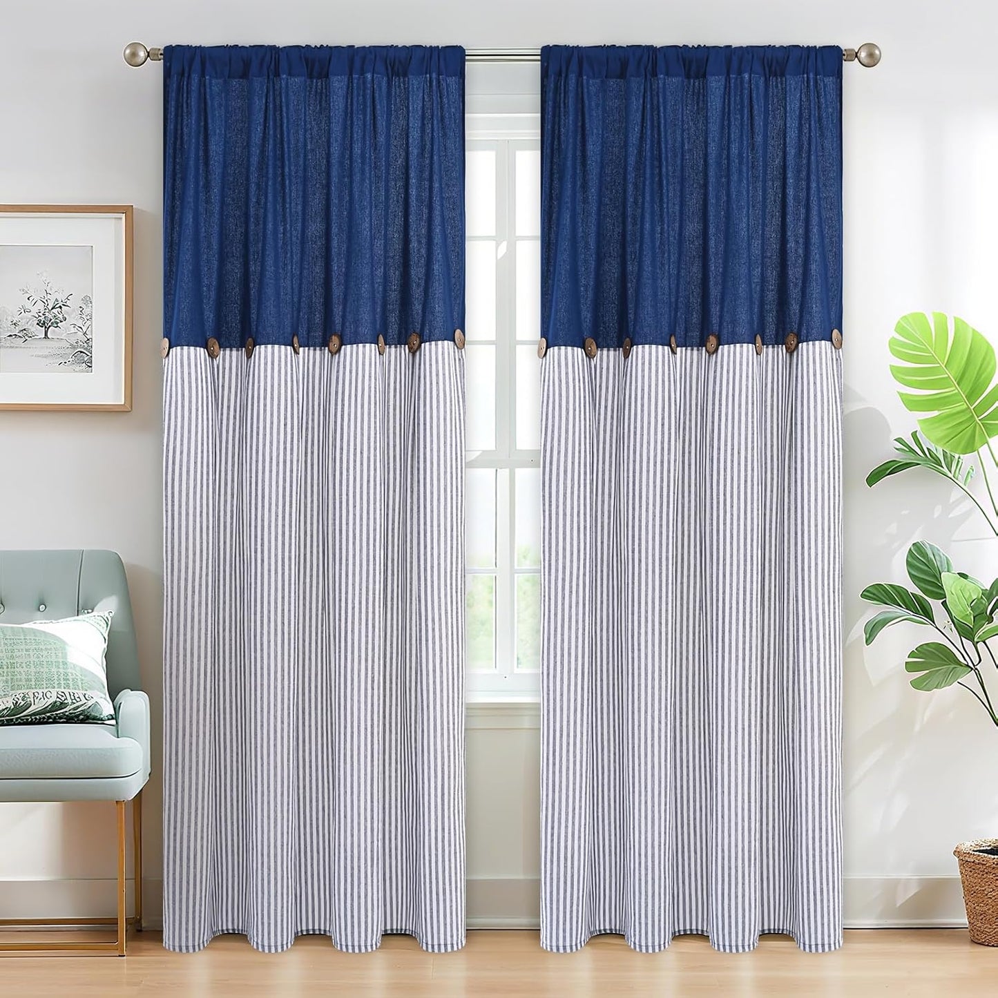 Alishomtll Farmhouse Curtains Natural Stripe Cotton Linen Button Boho Rustic Rod Pocket Back Tab Window Drapes for Living Room , 2 Panels