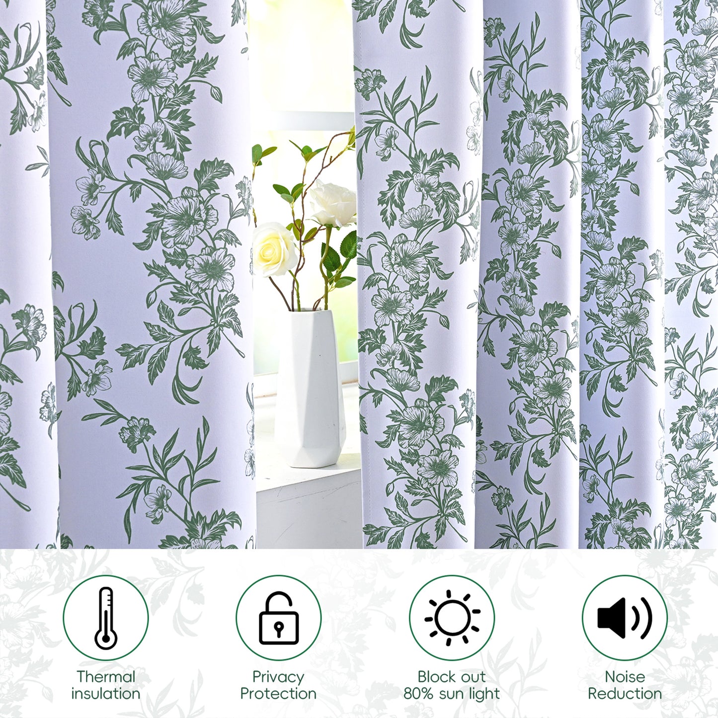 Alishomtll Floral Curtains Blackout Thermal Insulated Room Darkening Window Drapes for Living Room,Sage Green ,52"x84", 2 Panels