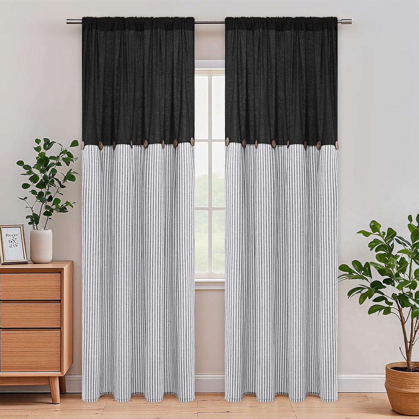 Alishomtll Farmhouse Curtains Natural Stripe Cotton Linen Button Boho Rustic Rod Pocket Back Tab Window Drapes for Living Room , 2 Panels