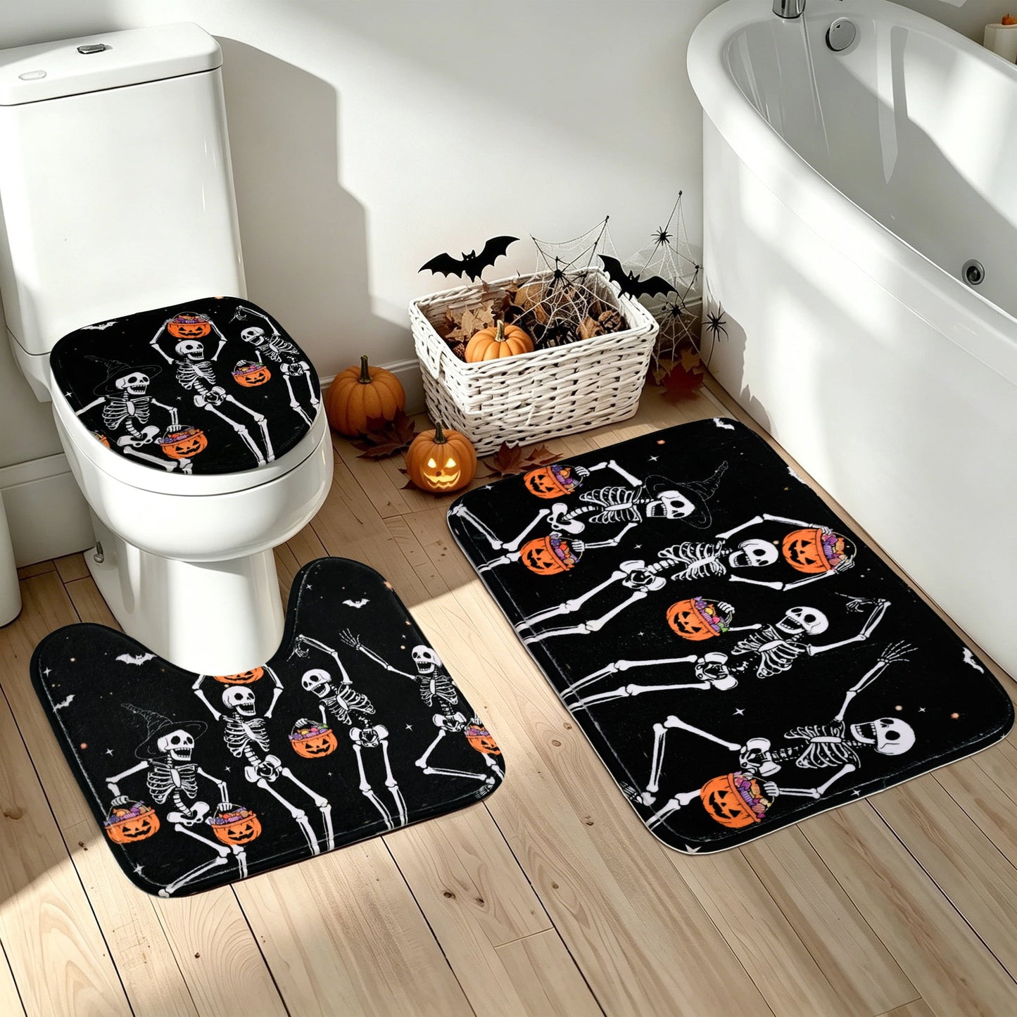 FRAMICS Halloween Skull Shower Curtain Sets with Rugs, 16-Piece Funny Skeleton Pumpkin Bathroom Sets with Hooks, Waterproof Fabric 72" x 72"