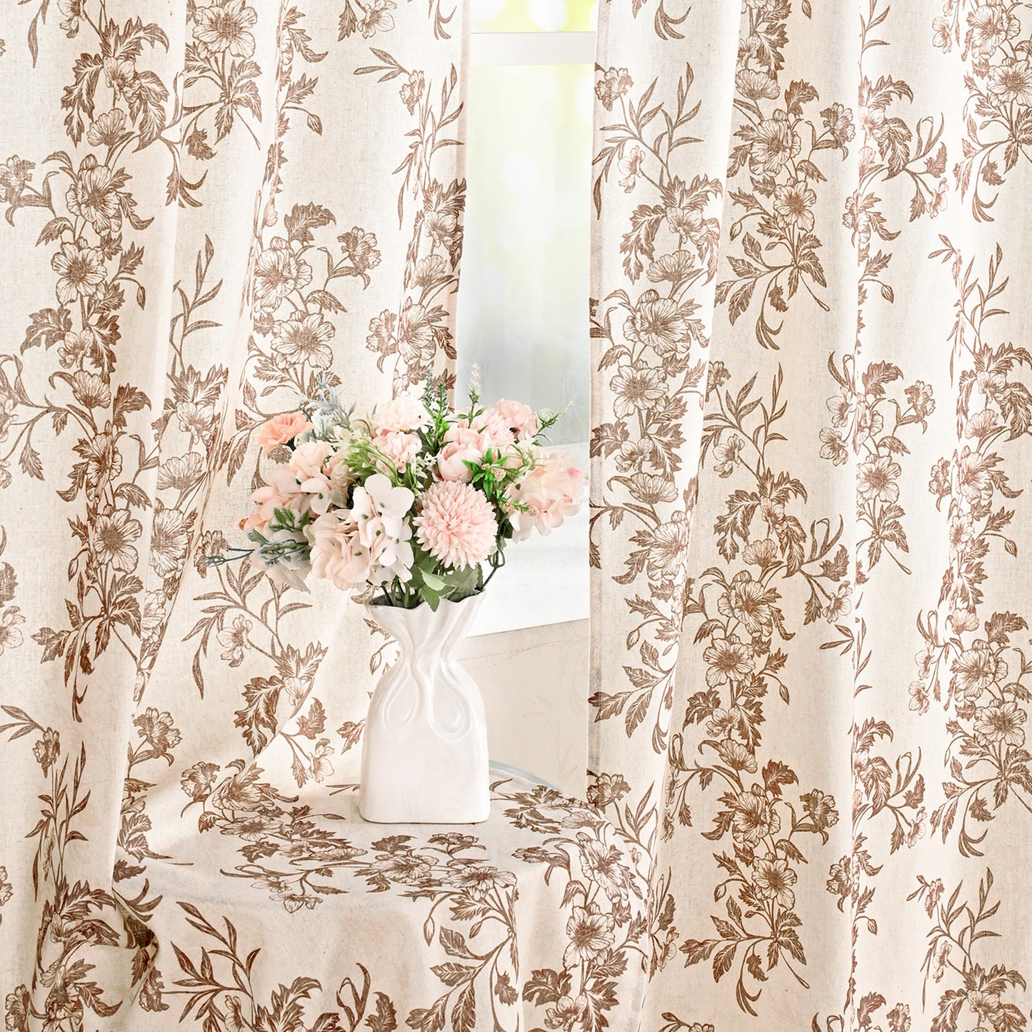 Alishomtll Floral Curtains for Living Room Farmhouse Country Linen Curtains Light Filtering Window Drapes,Brown ,52"x84", 2 Panels