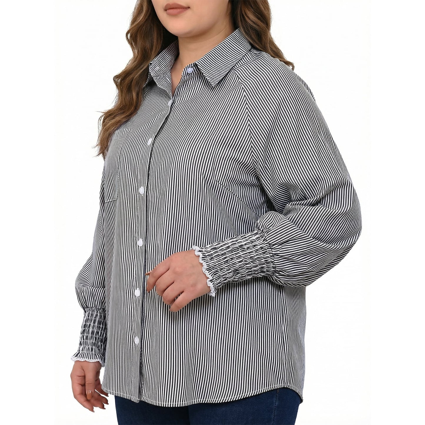 Gingprous Casual Button Down Shirt for Women Long Sleeve Oversized Striped Shirt with Pocket Smocked Cuffed Boyfriend Shirt