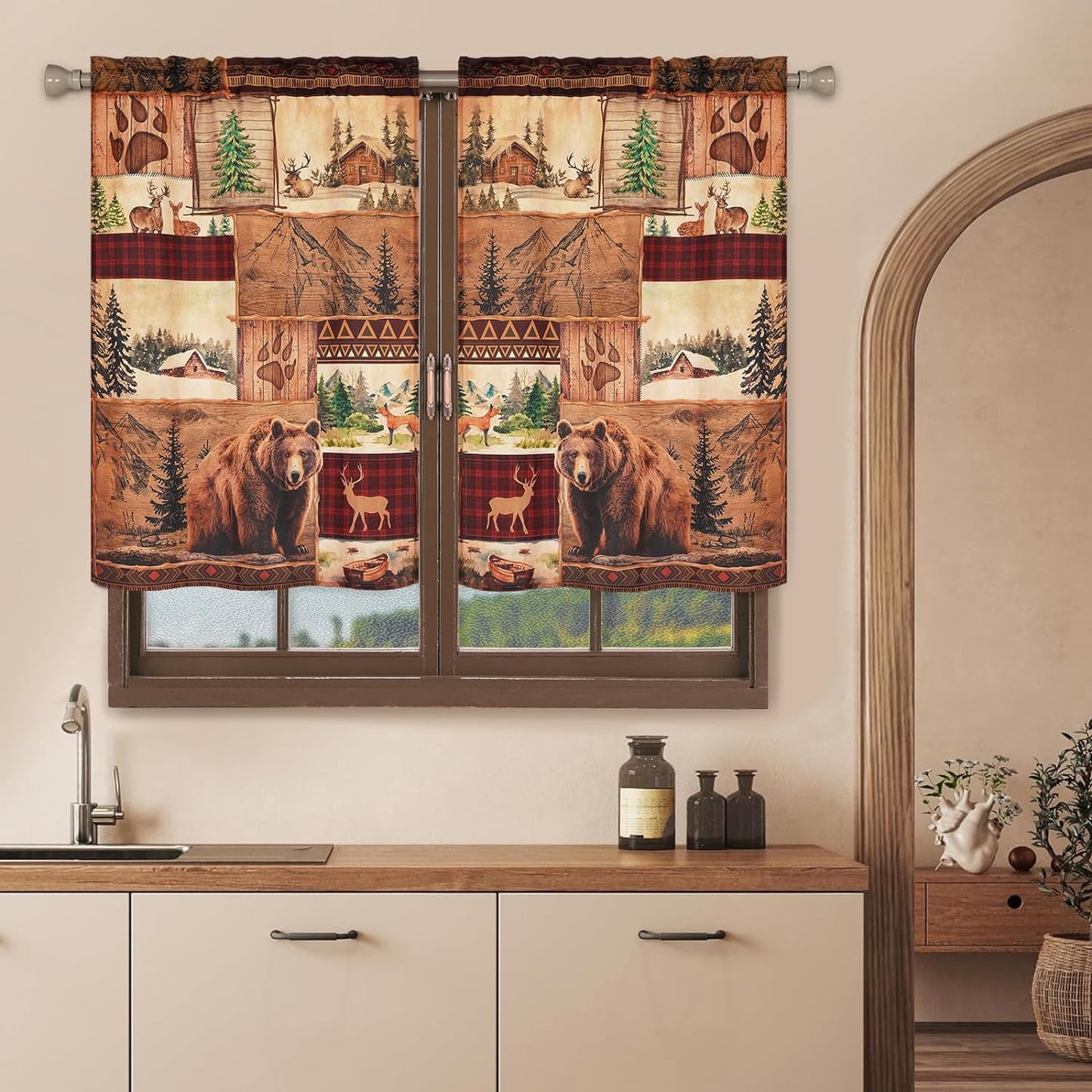 Alishomtll Kitchen Curtains Farmhouse Rustic Country Bear Moose Deer Window Tiers Curtain 36 Inches,Rod Pocket