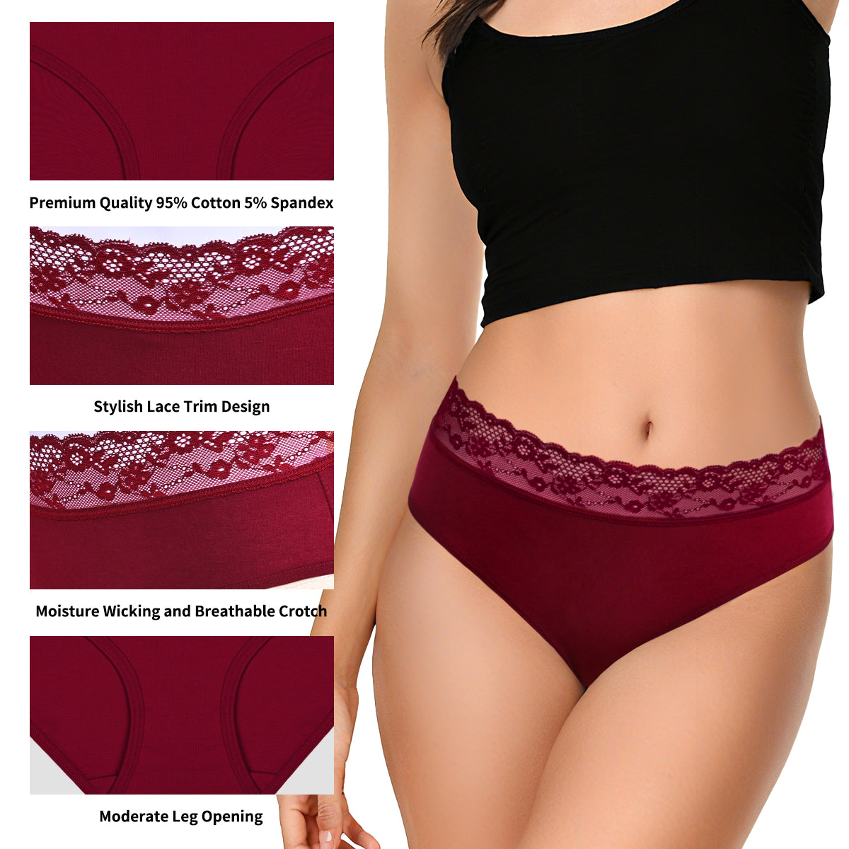 MecTo Womens Cotton Underwear Bikini Panties Lace Hipster French Cut Ladies Panties Soft Stretch Briefs 4-Pack