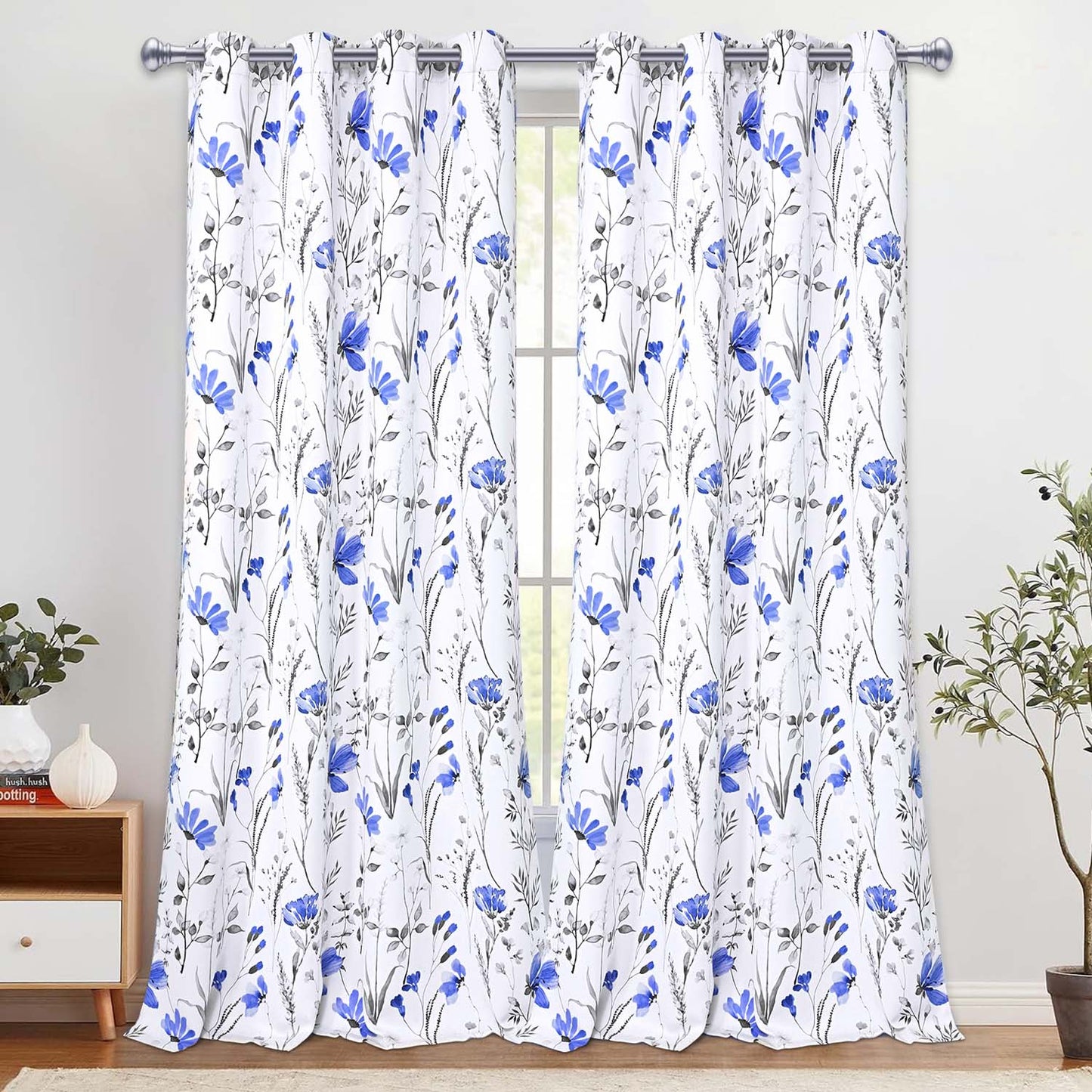 Alishomtll Blue Floral Blackout Curtains for Living Room Bedroom Energy Efficient Thermal Insulated Grommet Window Drapes, 52"x 84",Set of 2