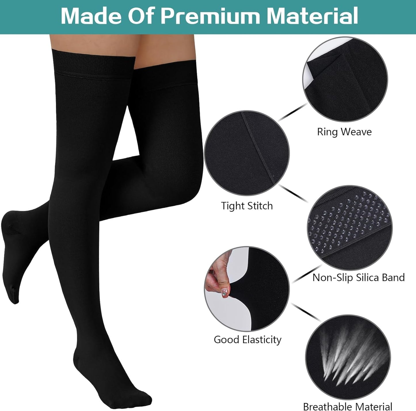 Wukang 2 Pairs Compression Stockings for Women & Men,20-30mmHg Thigh High Compression Socks,Closed Toe Medical Compression Socks with Silicone Dot Band