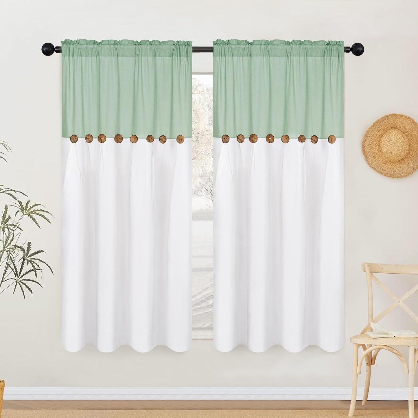Alishomtll Linen Curtains Farmhouse Boho Button Light Filtering Window Drapes For Living Room Bedroom,Rod Pocket,63"L x 52"W, 2 Panel,Teal White