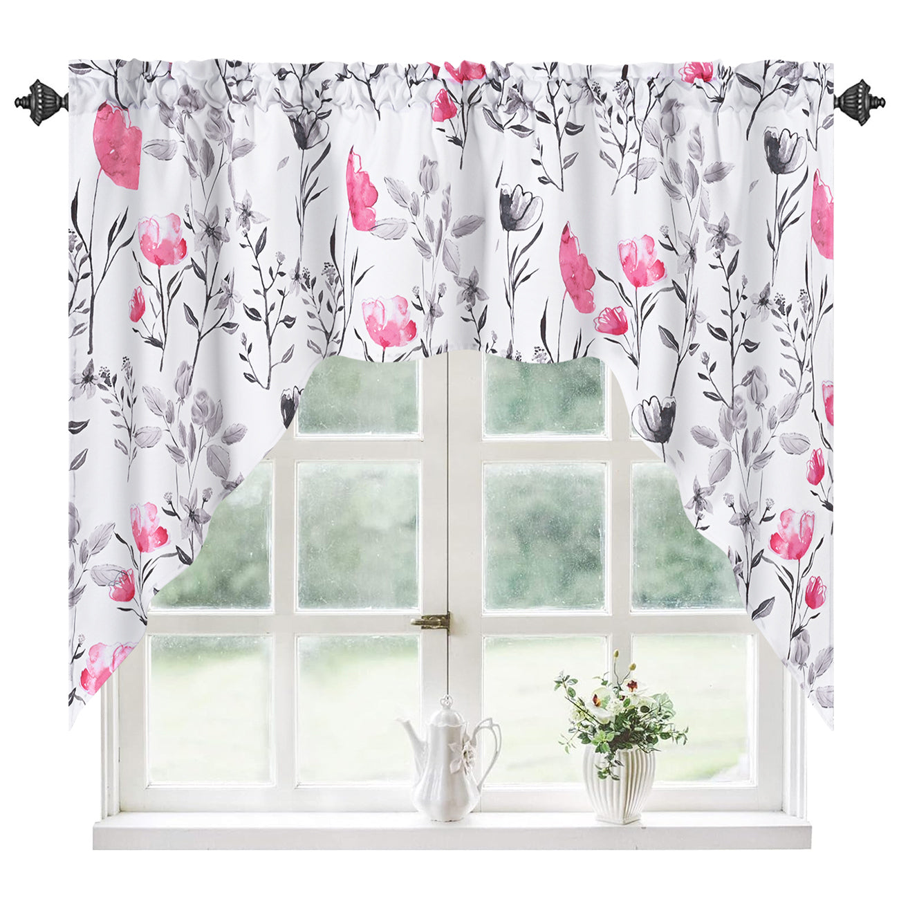 Alishomtll Kitchen Curtains Valances Swags for Windows Hot Pink Floral Printed Window Drapes,61" W x 36" L,Rod Pocket