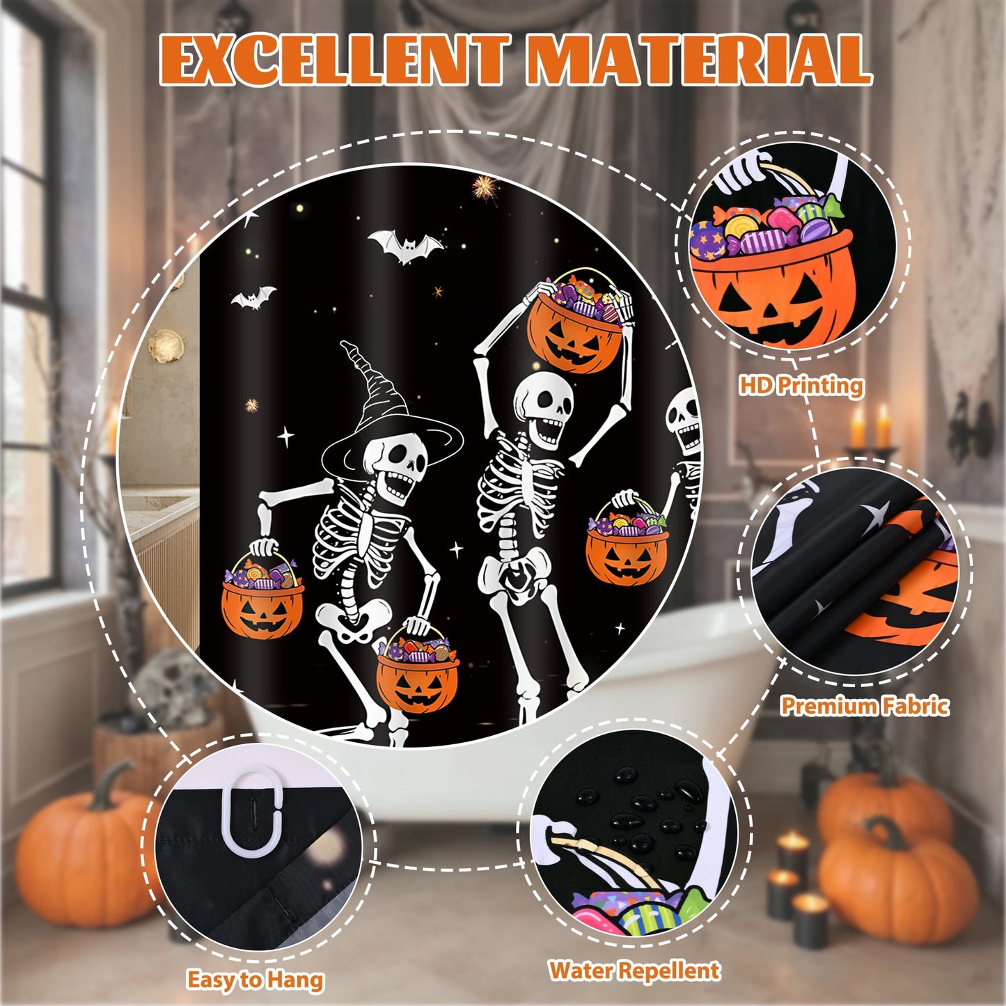 FRAMICS Halloween Skull Shower Curtain Sets with Rugs, 16-Piece Funny Skeleton Pumpkin Bathroom Sets with Hooks, Waterproof Fabric 72" x 72"