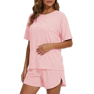 MecTo Women's Classic Striped Pajama Set - Short Sleeve Round-Neck Sleepwear with Side-Slit Shorts