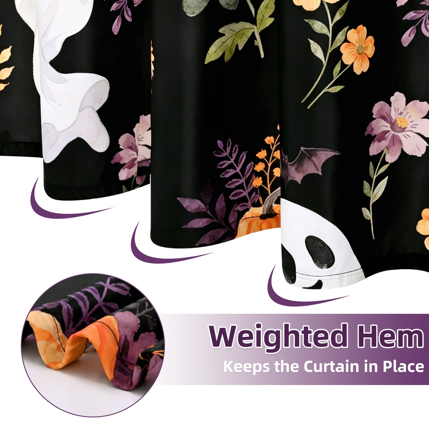 FRAMICS Halloween Cute Ghost Shower Curtain Sets with Rugs, 16-Piece Spooky Floral Pumpkin Bathroom Sets with Hooks, Waterproof Fabric Bathroom Decor 72" x 72"