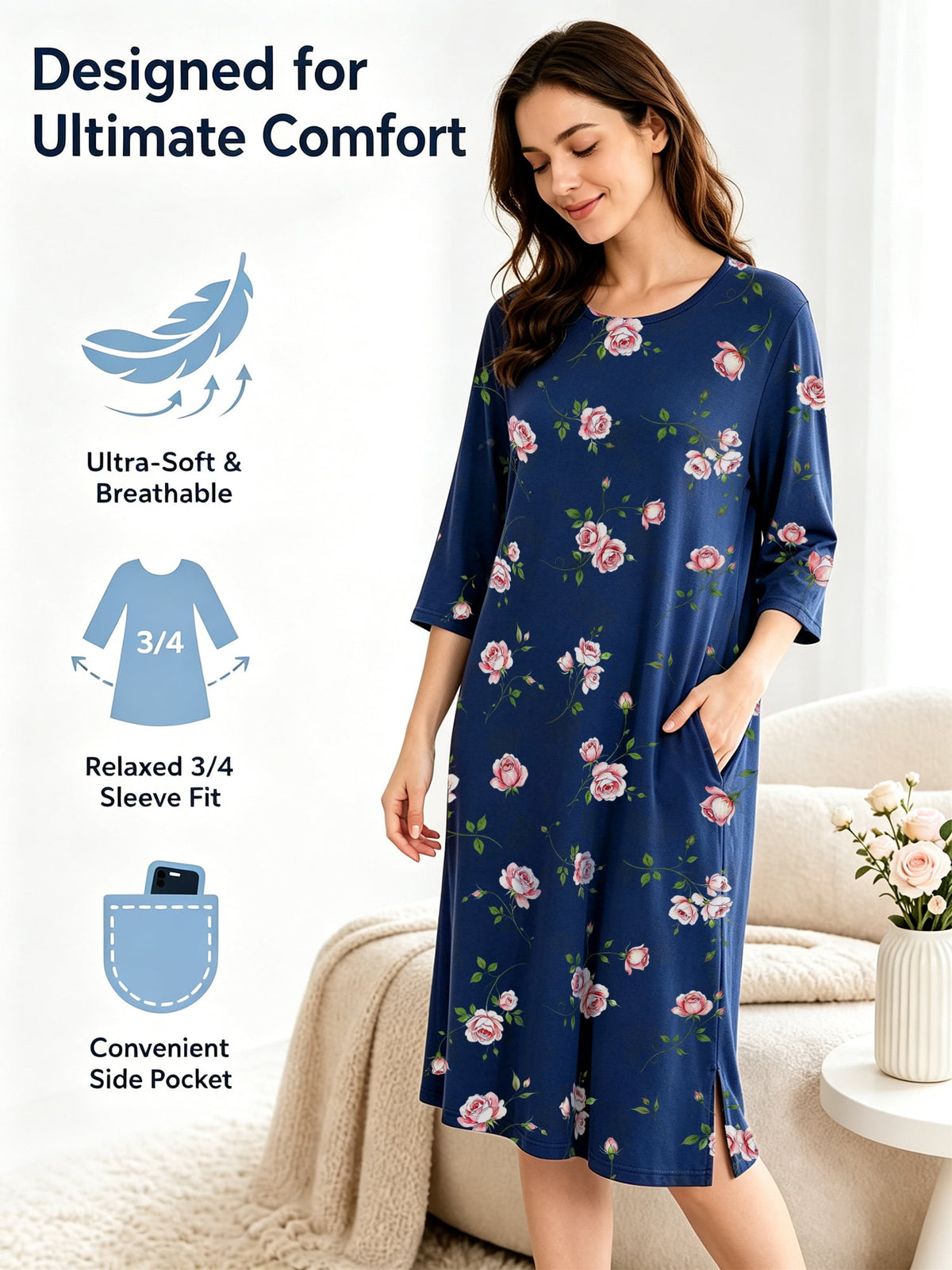 MecTo Sleepwear Cotton 3/4 Sleeve with Pocket, Nightgown (Women's)