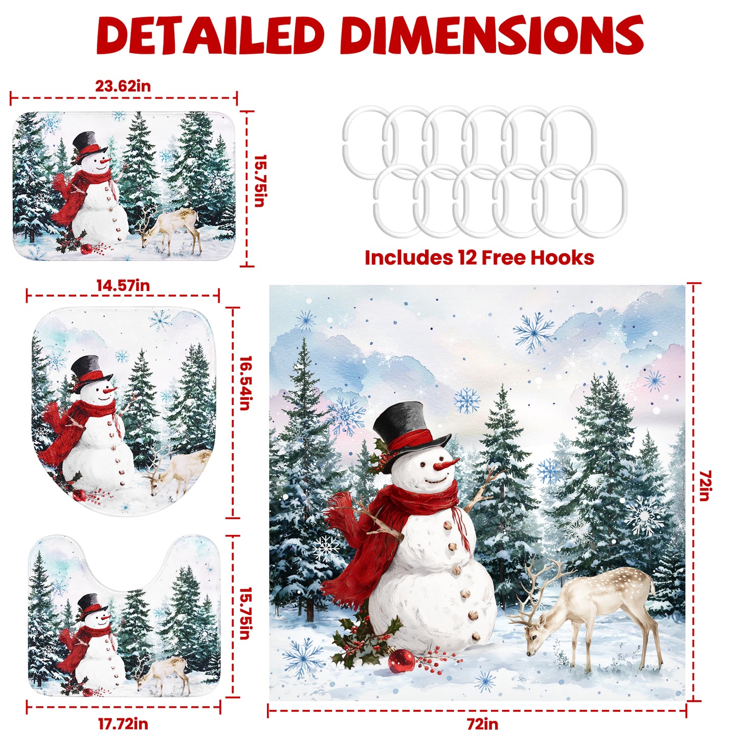 FRAMICS Christmas Snowman Shower Curtain Sets with Rugs, 16 Pcs Winter Pine Forest Deer Bathroom Sets, Waterproof Fabric Bathroom Curtain for Home Holiday Decor with Hooks