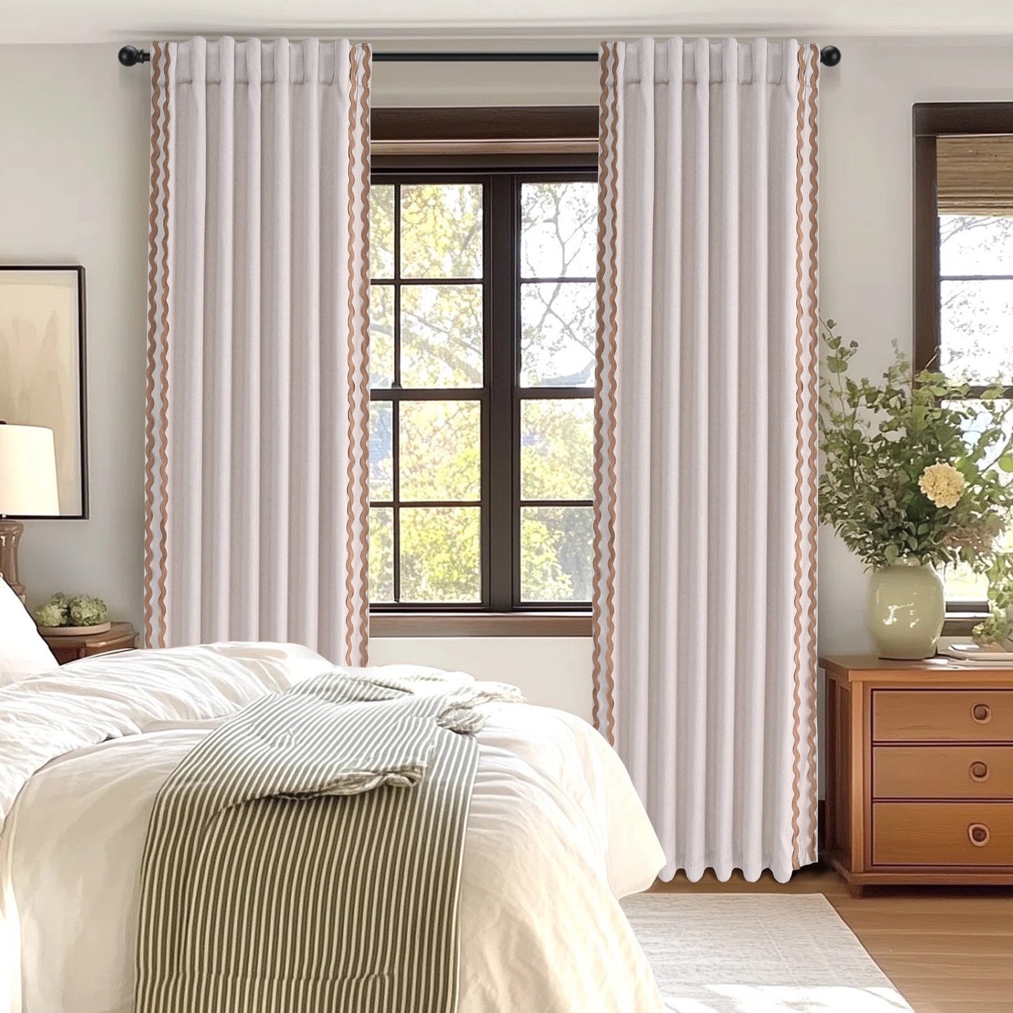 Alishomtll Natural Linen Scalloped Rod Pocket Back Tab Blackout Curtains for Bedroom,Pack of 2,52"x 63"