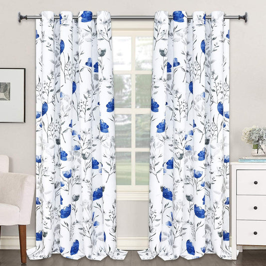 Alishomtll Watercolor Blue Gray Floral Window Curtains for Living Room Light-filtering Grommet Drapes, 52"x 84",Set of 2