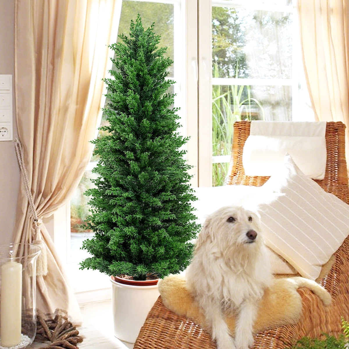 MARTINE MALL 4ft Artificial Cedar Topiary Christmas Trees Topiary Outdoor Fake Shrubs Potted Plants for Front Porch Outdoor Indoor Garden Xmas Decor